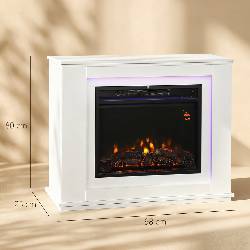Electric Fireplace with 12 Flame Colors and 5 Brightness Levels, Remote Control and Timer, 98x25x80 cm, Black and White