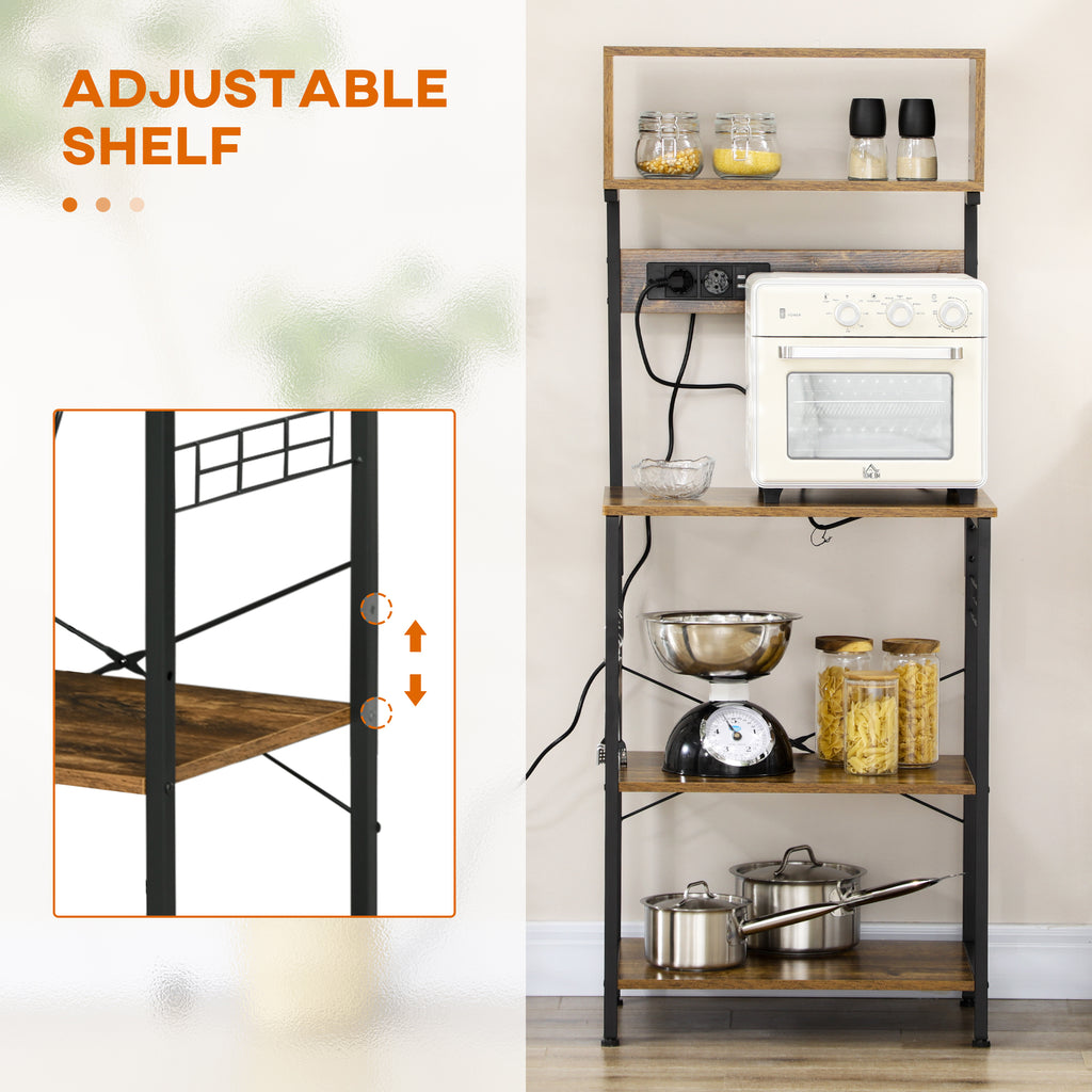 HOMCOM Kitchen Shelf with Power Strip, Shelves and Hooks Industrial Style, 60x42x153cm, Brown - Borgè