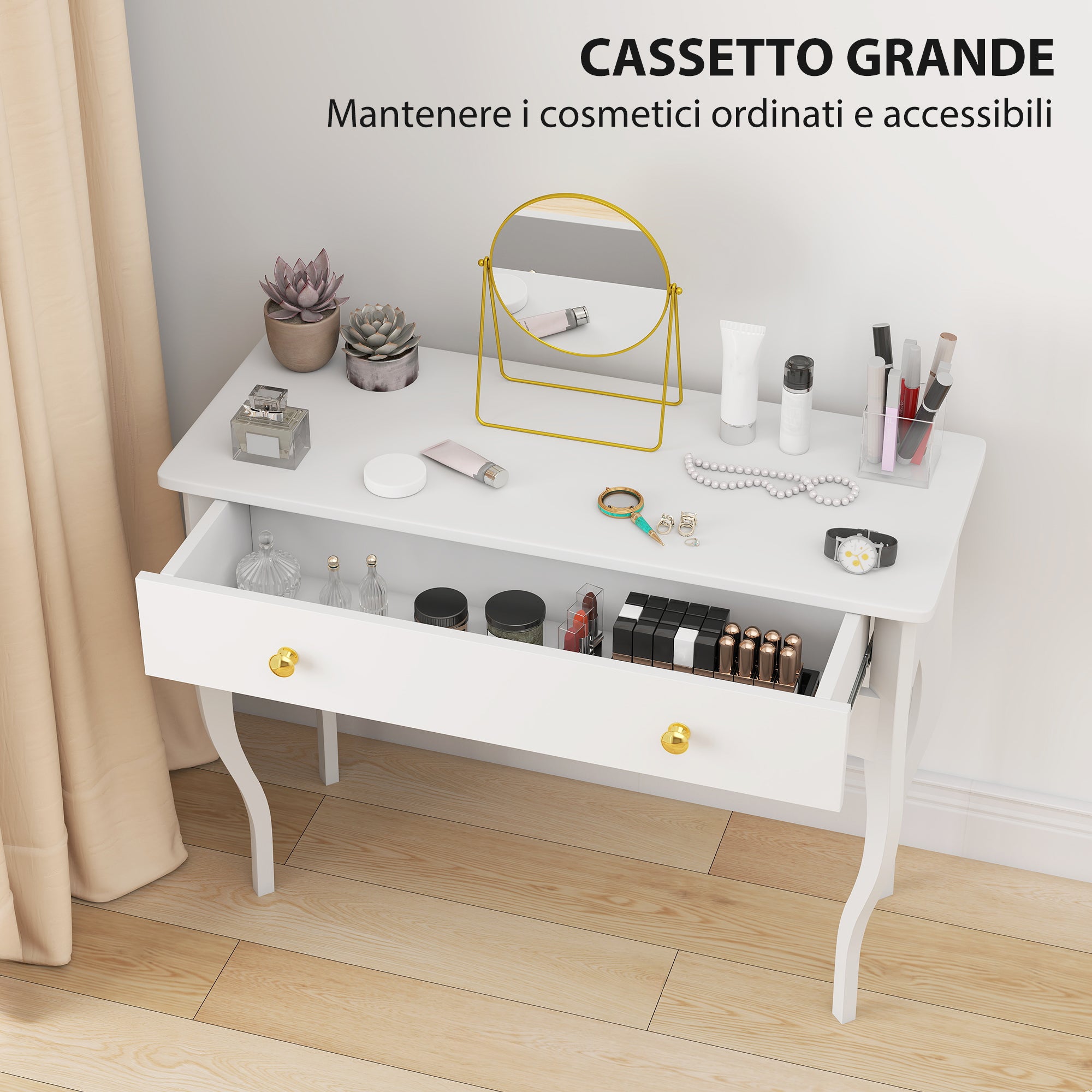 Dressing Table and Console Table for Entrance Hall with Large Wooden Drawer, 100x40x74 cm, White