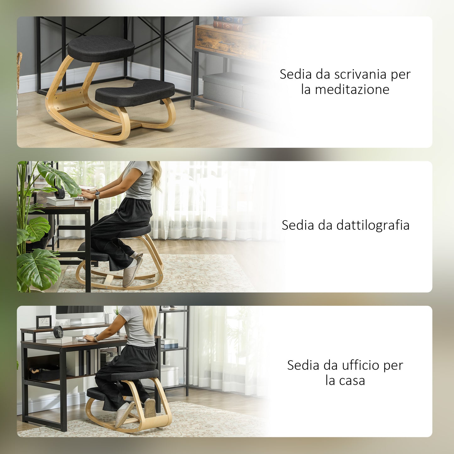 Kneeling Chair with Rocking Movement, in Linen Effect Fabric and Birch Wood, 50x73x55 cm, Black