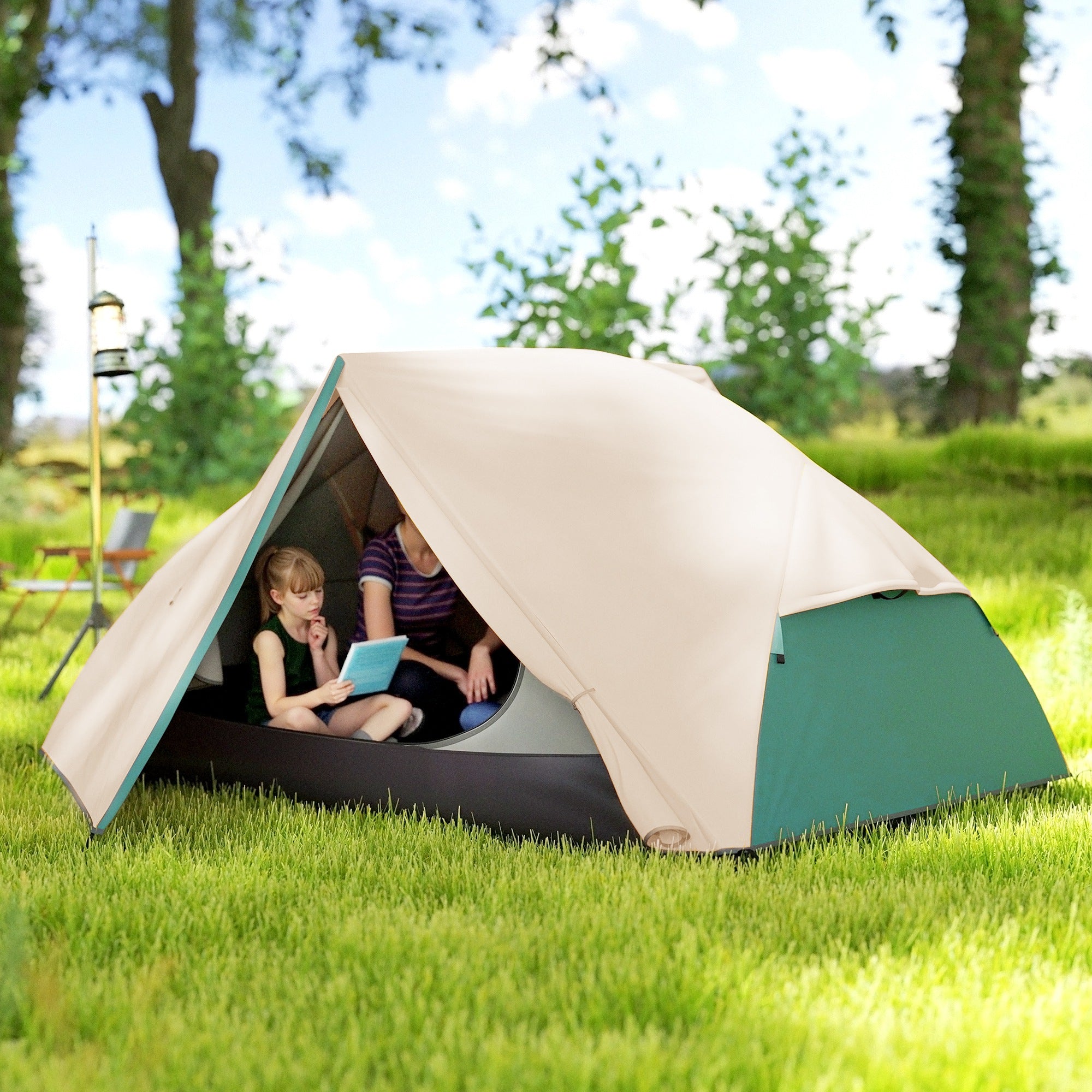 2 Person Camping Tent with 2 Vestibules, 2 Doors, 2 Windows and Carry Bag, 2.8x2.25x1.1 cm, Beige