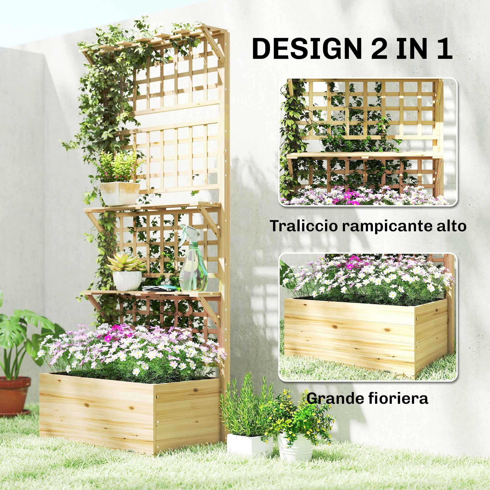 Outsunny Raised Wooden Planter with Trellis, Roof and 2 Shelves, 76x43.5x177 cm, Natural Wood