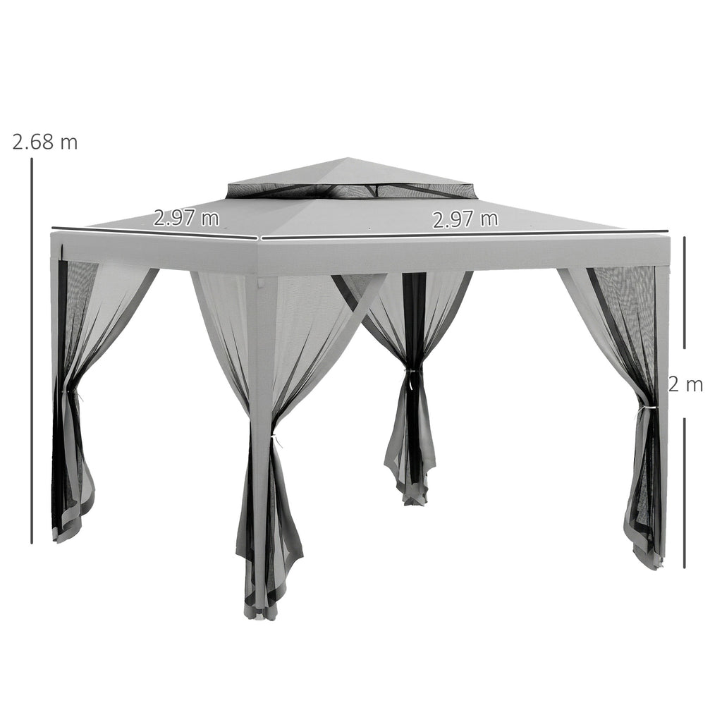 Outsunny 3x3 m Garden Gazebo with Mosquito Net, Double Roof and 8 Holes, in Steel and Polyester, Grey