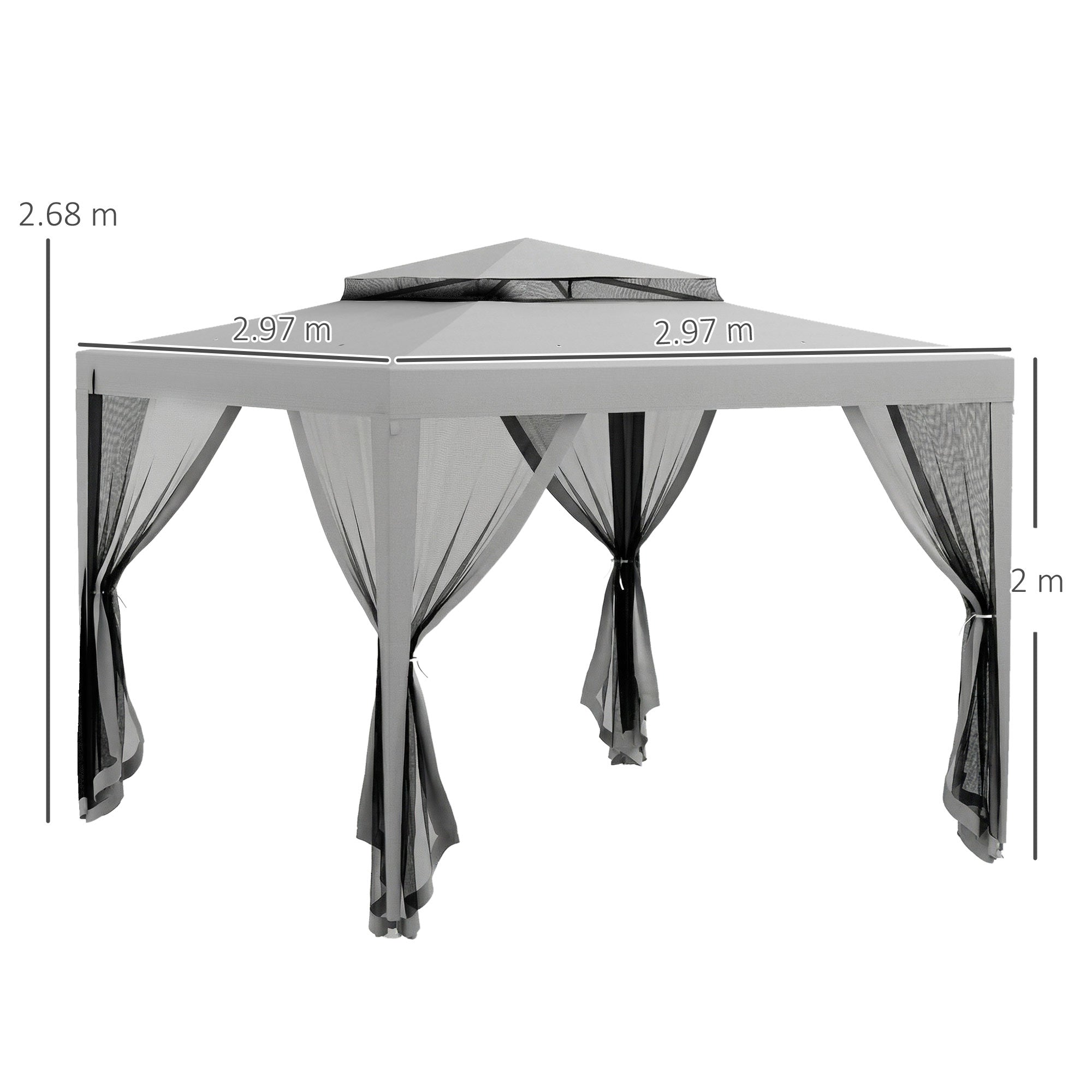 Outsunny 3x3 m Garden Gazebo with Mosquito Net, Double Roof and 8 Holes, in Steel and Polyester, Grey