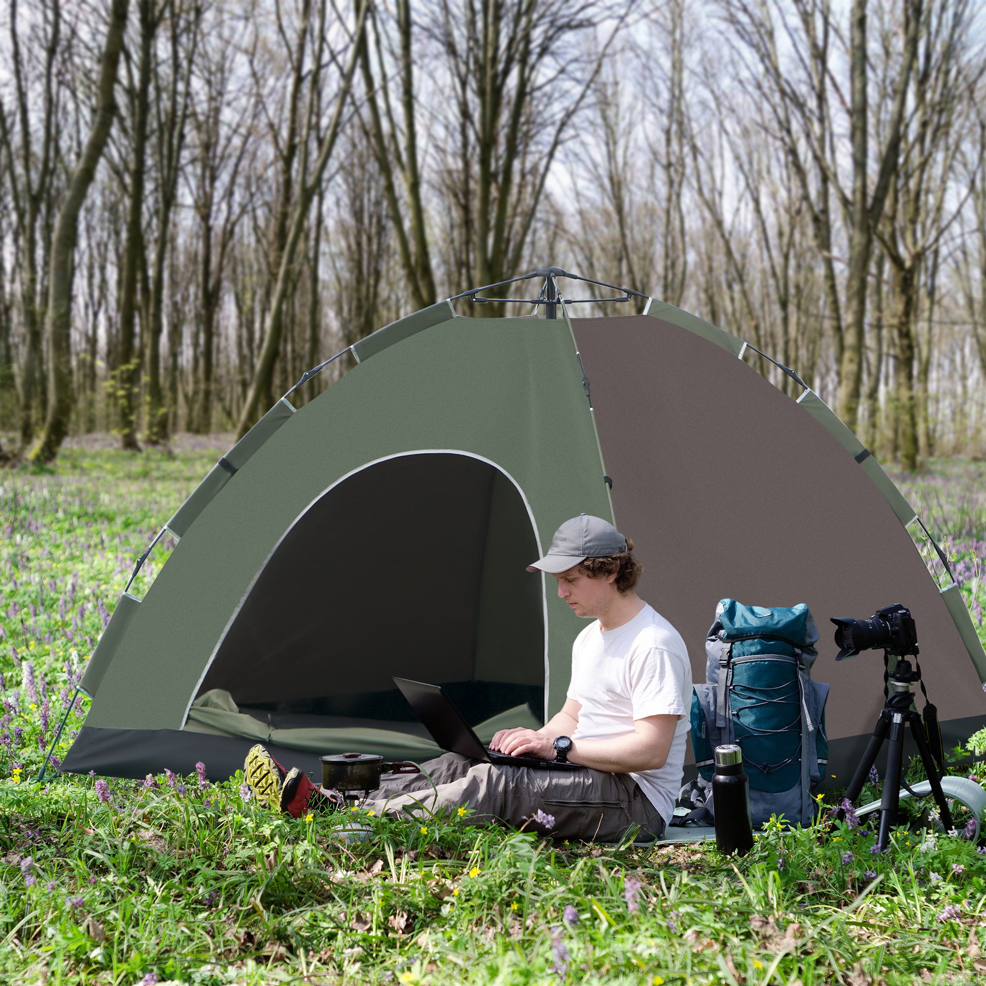 2-Person Camping Tent with Carrying Bag, Hooks for Lamps and Storage Pockets, 210x210x135 cm