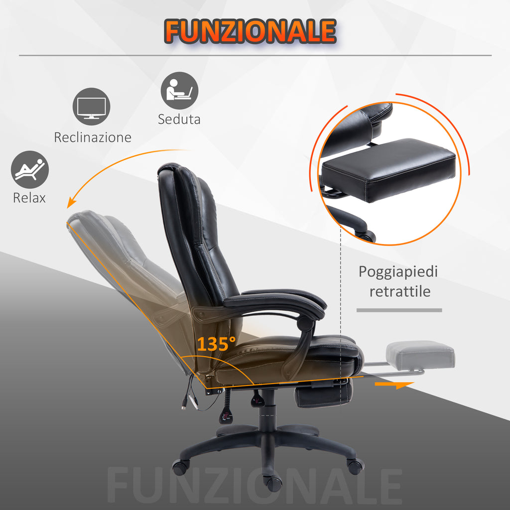 Vinsetto Height Adjustable Office Chair with 6 Massage Points, in Faux Leather, 68.5x68.5x113-121 cm, Black - Borgè