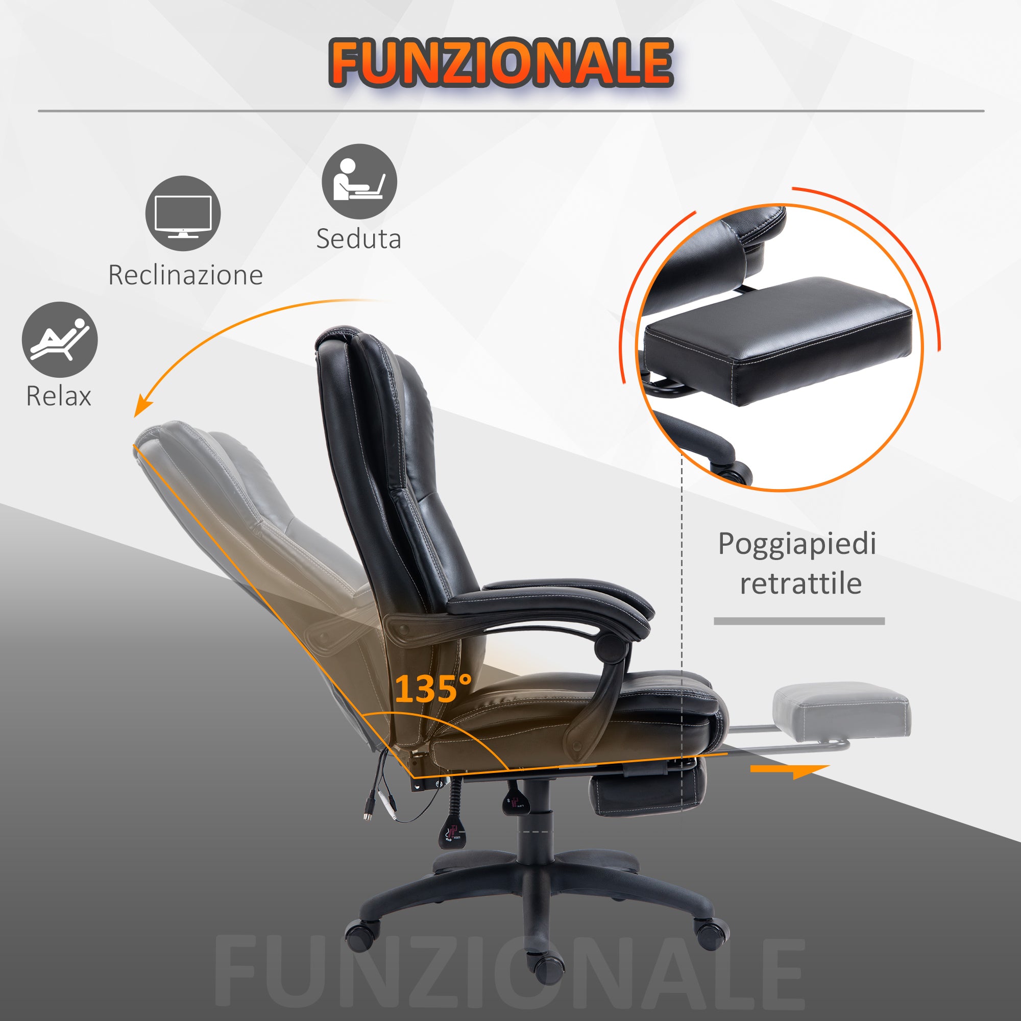 Vinsetto Height Adjustable Office Chair with 6 Massage Points, in Faux Leather, 68.5x68.5x113-121 cm, Black - Borgè
