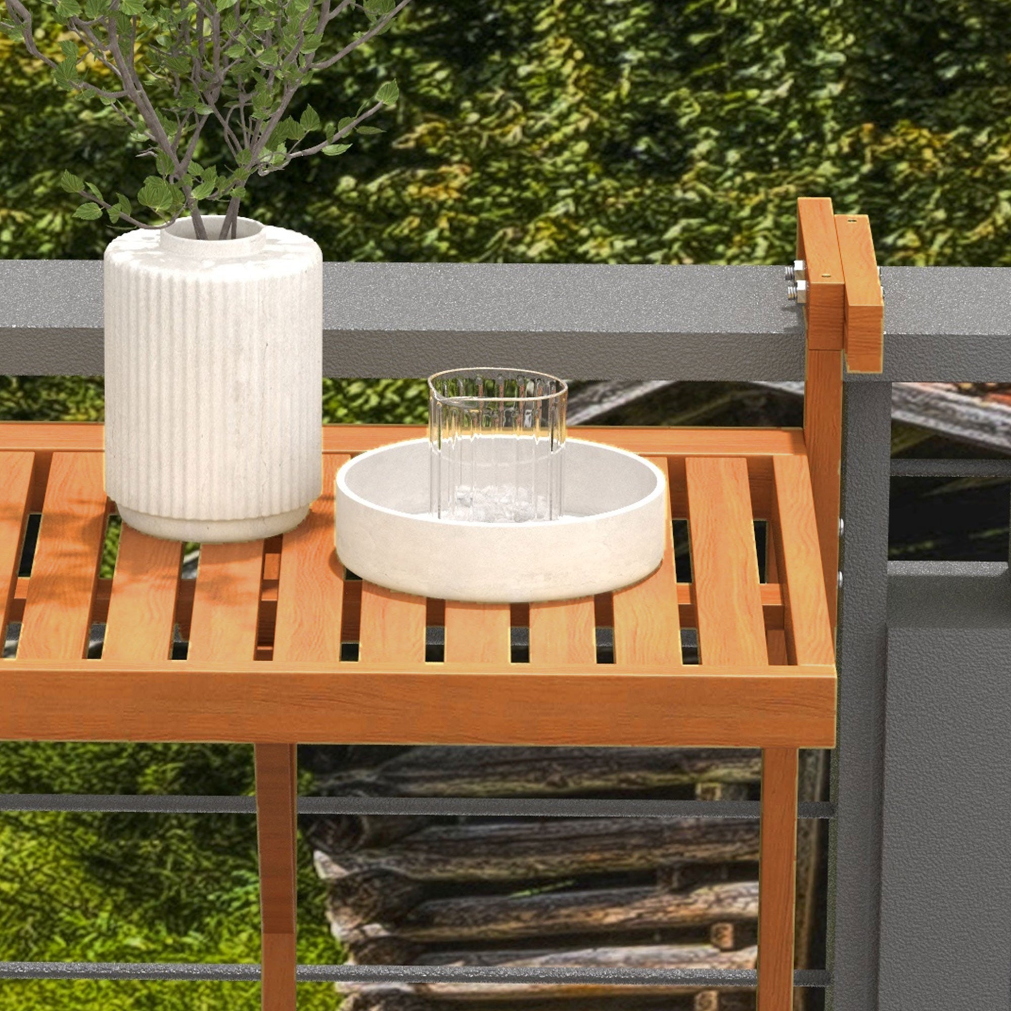 Folding and Adjustable Balcony Railing Table in Wood, Teak Colour - Borgè