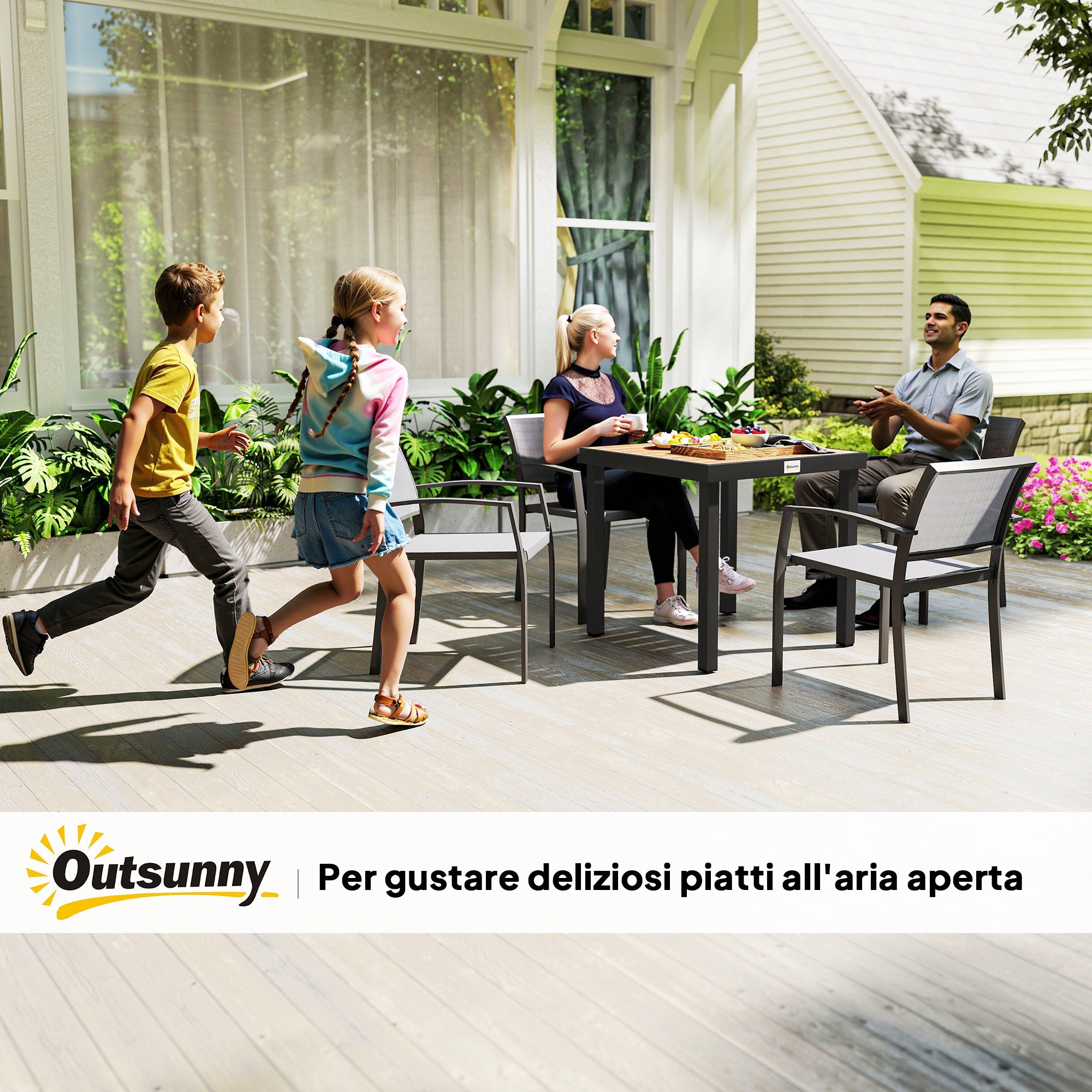 4-Seater Garden Table in Aluminum and Plastic, Black and Wood Color