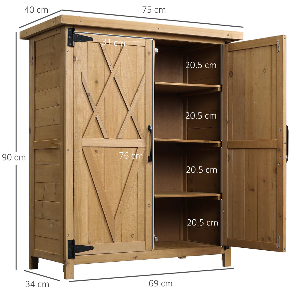 Wooden Garden Cabinet Tool Storage with 2 Doors and 4 Shelves, Sheet Metal Top, 75x40x90 cm