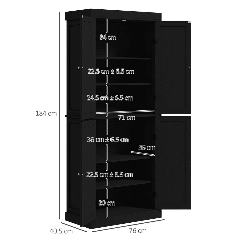 HOMCOM Tall Kitchen Cabinet with 6 Adjustable Shelves and 4 Wooden Doors, 76x40.5x184 cm, Black