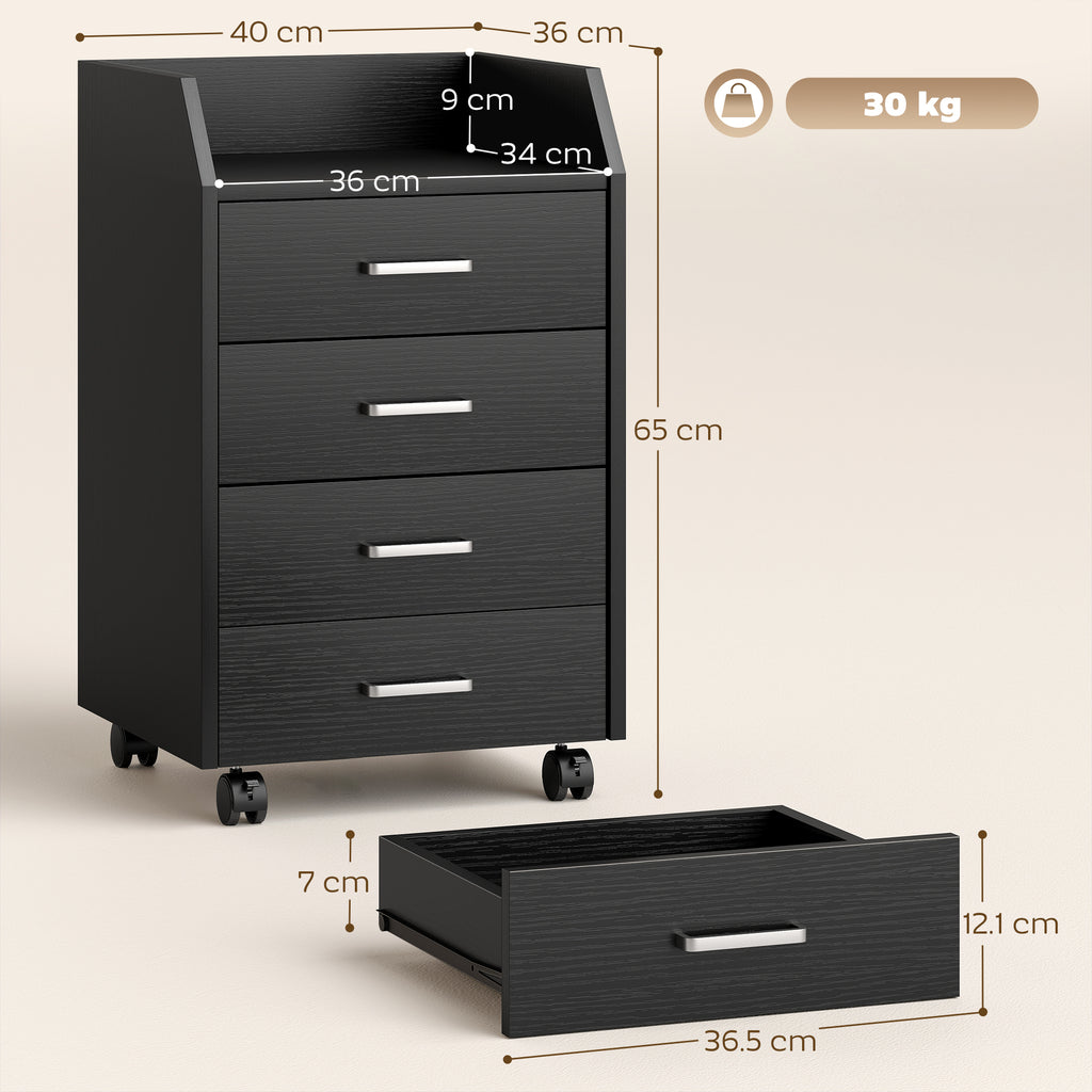 Small Chest of Drawers with 4 Drawers, Vertical Cabinet on Wheels, 40 x 36 x 65 cm, Black Wood Effect