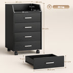 Small Chest of Drawers with 4 Drawers, Vertical Cabinet on Wheels, 40 x 36 x 65 cm, Black Wood Effect