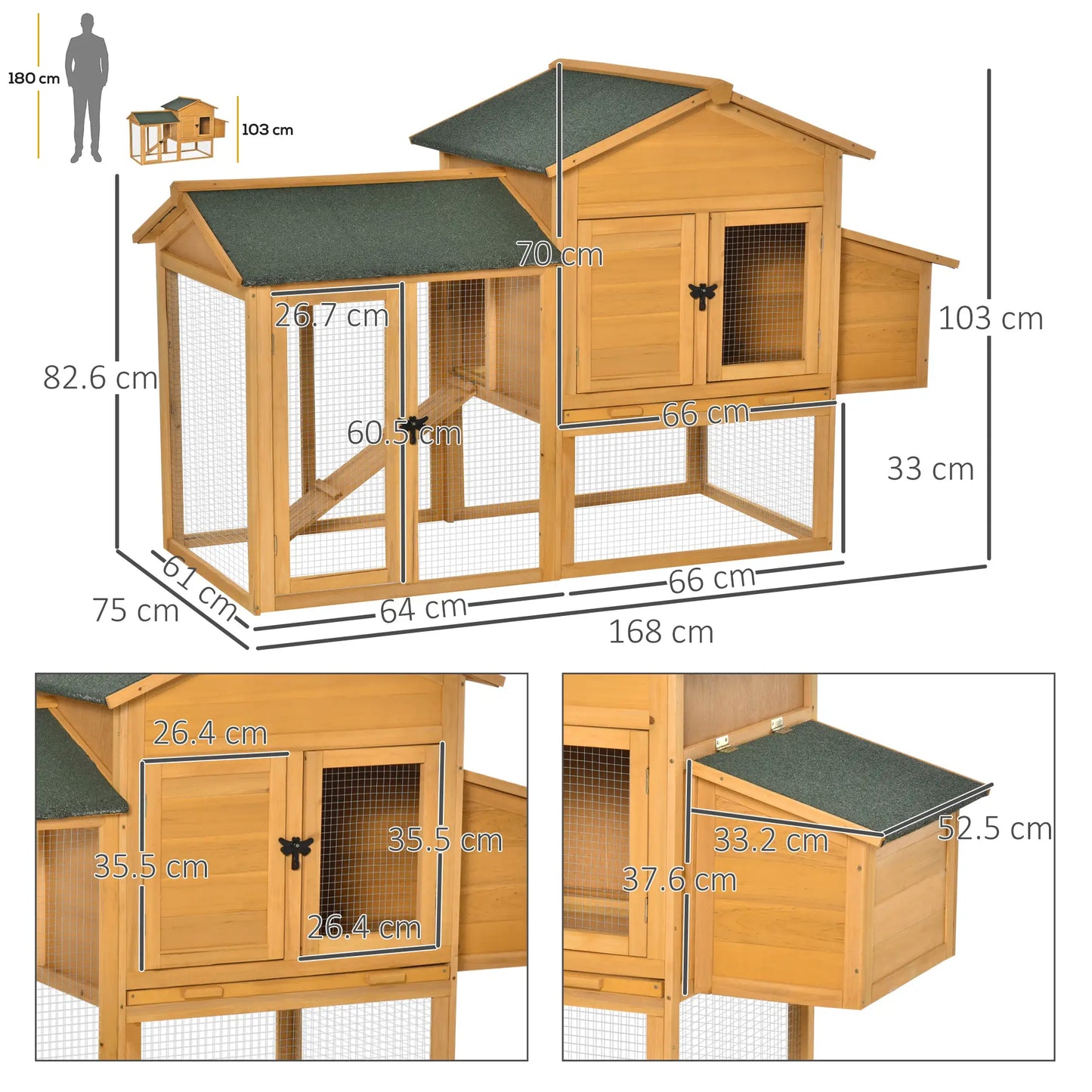 Chicken Coop with House and Open Area, Nest with Opening Roof and Wire Mesh, Yellow Wooden Chicken Coop, 168x75x103cm