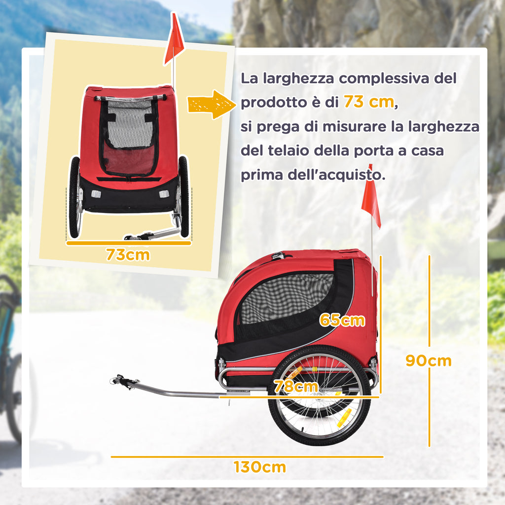 Medium Dog Bike Trailer with Attachment Point, Side Windows and Flag, Steel and Oxford Fabric Bike Trailer, 130x73x90 cm, Red and Black