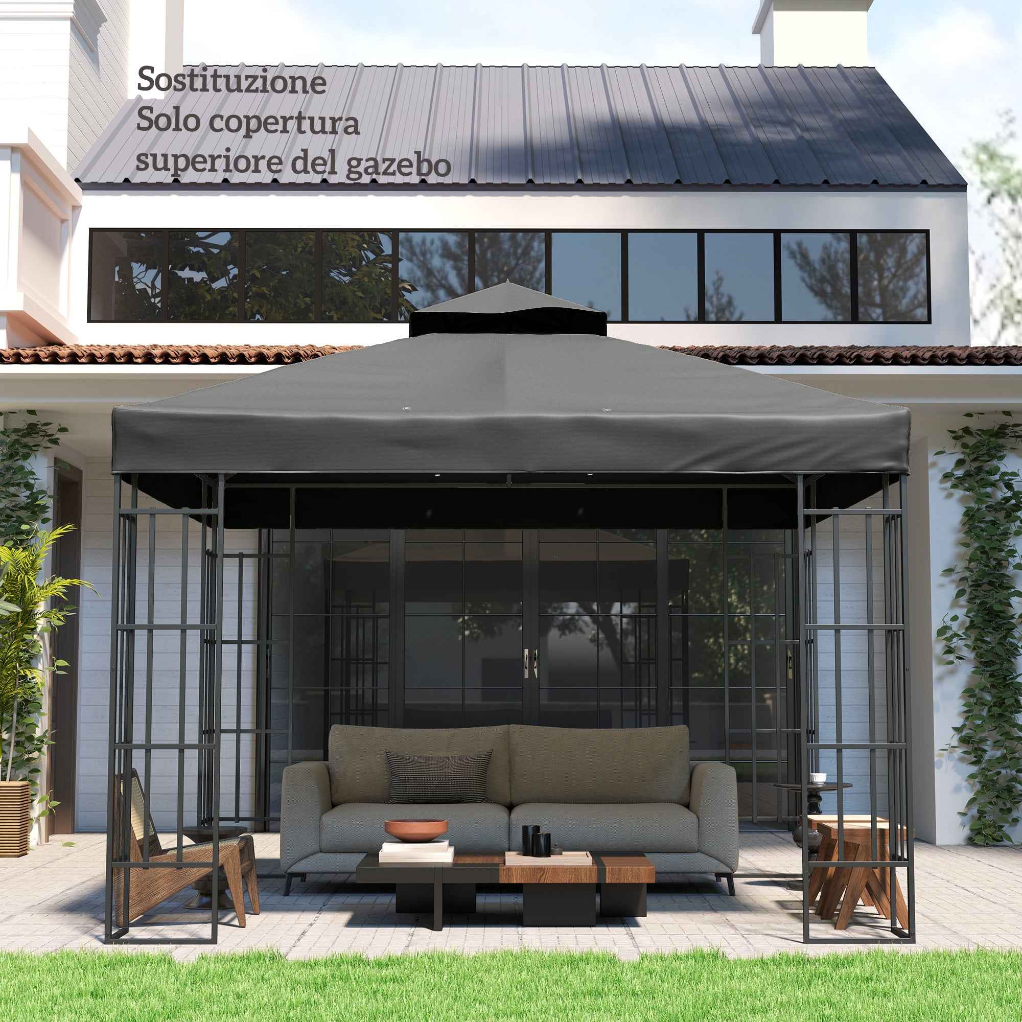 Outsunny 3x3m UPF30+ 2-Tier Dark Grey Polyester Garden Gazebo Cover