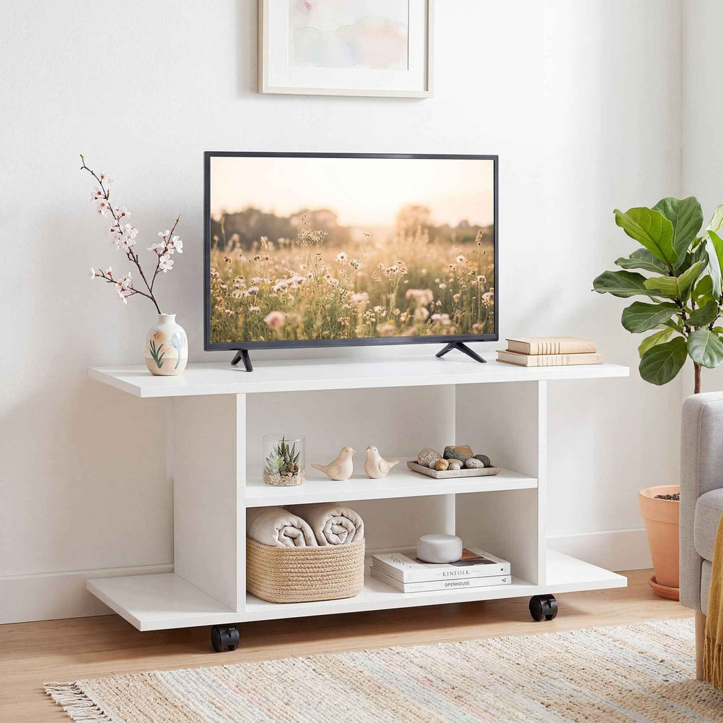 HOMCOM Modern TV Stand with Shelves, Swivel Wheels and Brakes, 80x40x40 cm, White
