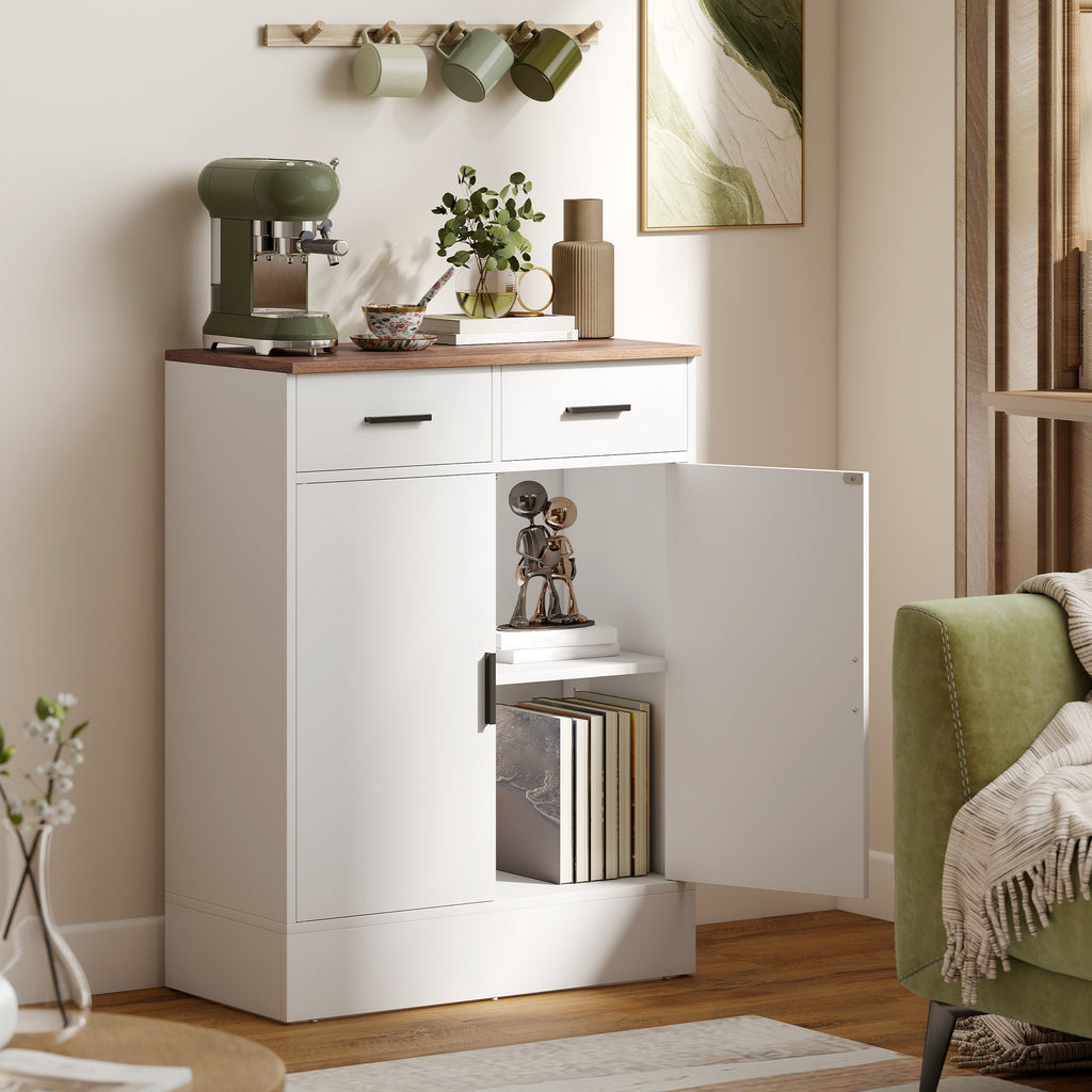 Modern Sideboard with 2 Drawers and 2 Doors, Adjustable Internal Shelf, White and Wood
