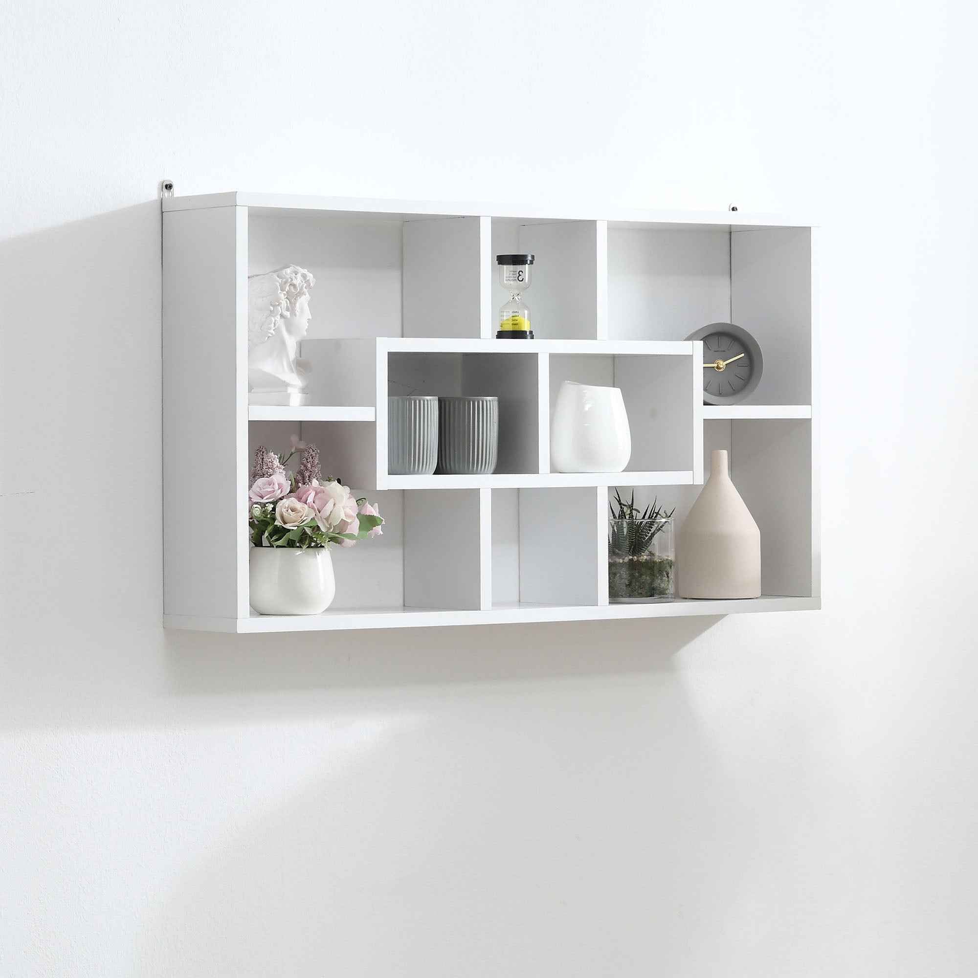 HOMCOM Wall Mounted Bookcase with 8 Compartments in 3 Different Sizes, Wall Shelf with Anti-Tip Design, White Chipboard Panels, 85x14.5x47.5cm, Capacity: 20kg