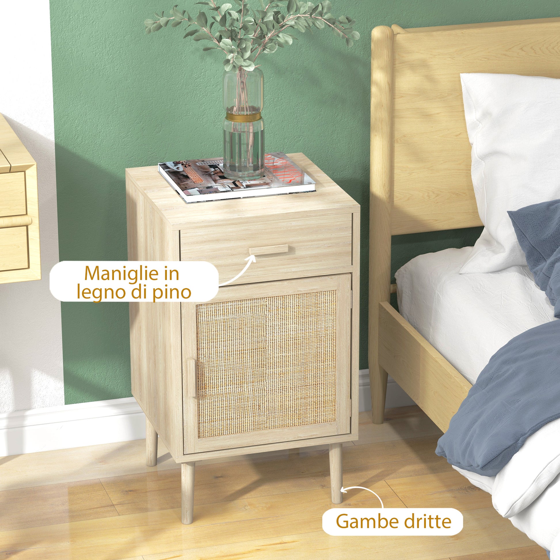 Set of 2 Bedside Tables for Bedroom with Drawer and Door in Boho Style Rattan, Wood Colour - Borgè