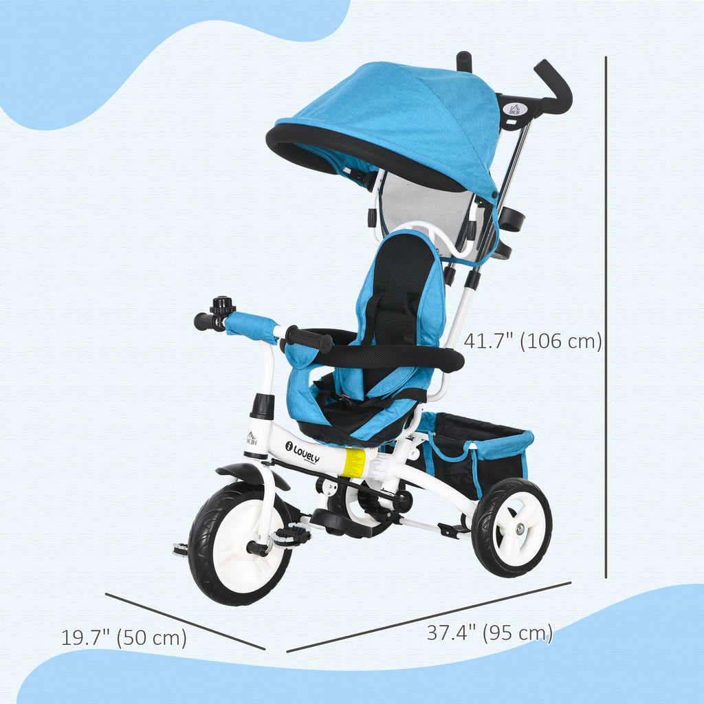 Kids Tricycle with 6-in-1 Handle, Adjustable Canopy and Safety Belt, Ages 1-5 Years, Blue