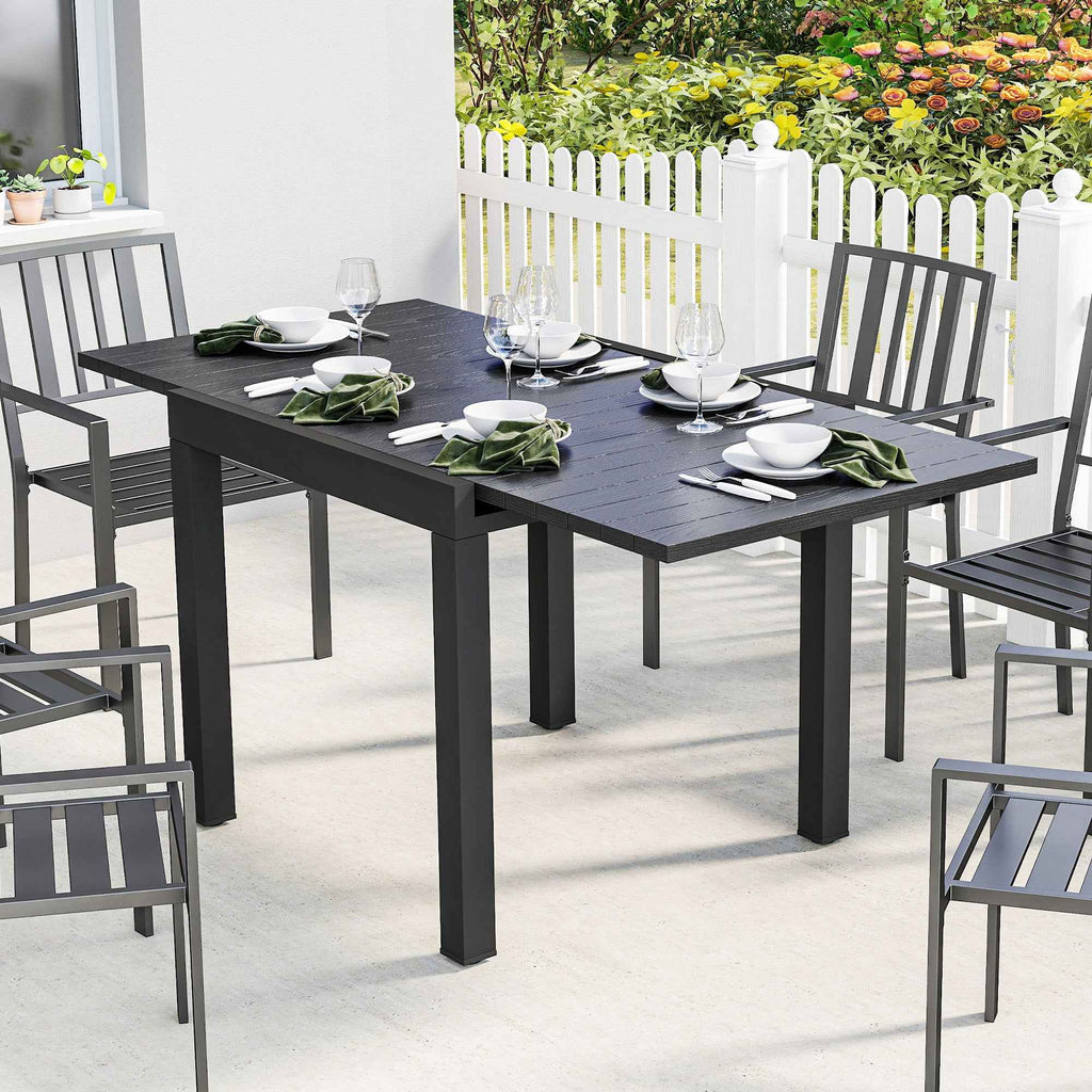 Outsunny Extendable Garden Table for 4-6 People with Slatted Top, Aluminum, 80/160x80x75 cm, Black