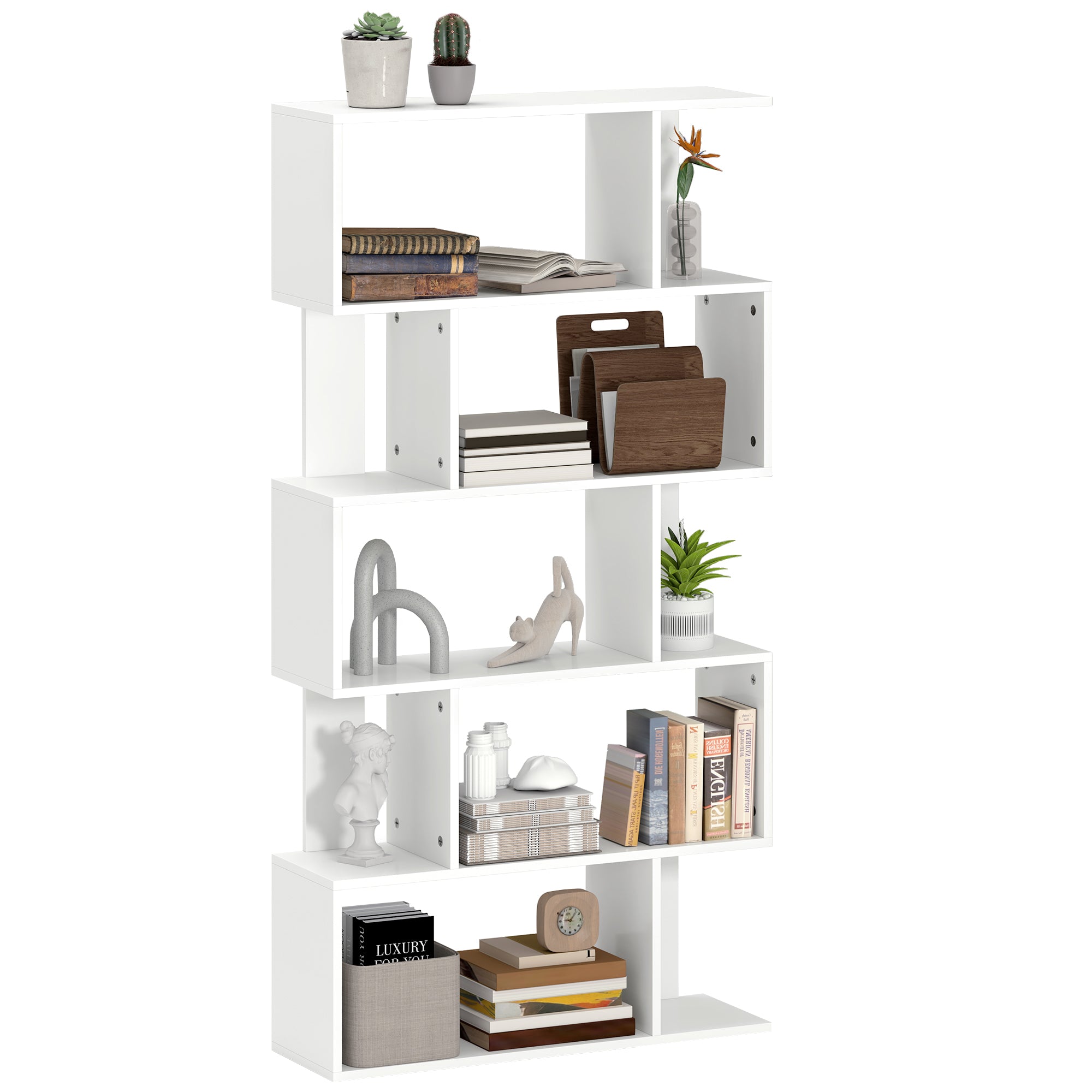 5-Tier S-Shaped Asymmetric Bookcase with 10 Open Shelves, Wooden, 80x24x159 cm, White