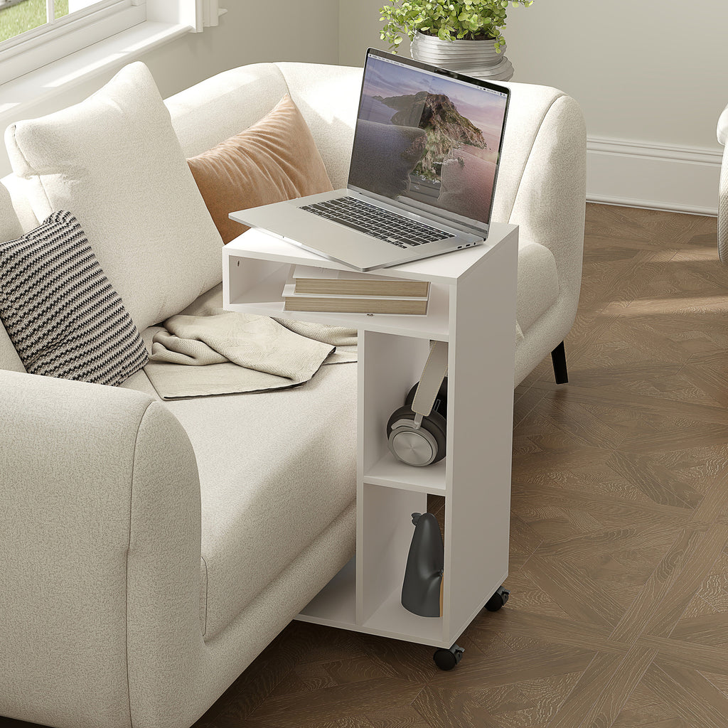 HOMCOM C-Shaped Wooden Coffee Table with Wheels and Open Shelf, 40x30x69 cm, White