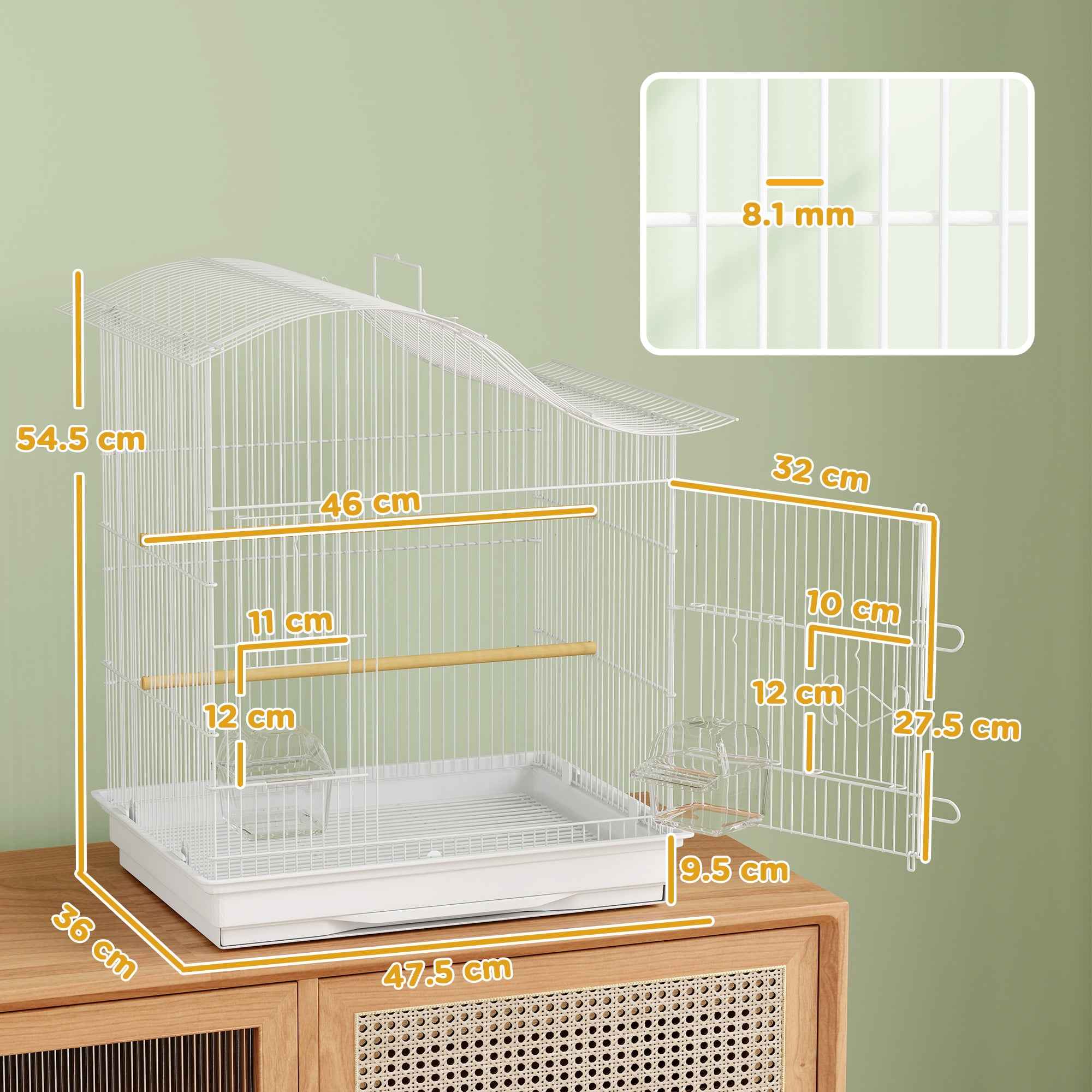 PawHut 4-Door Bird Cage with 2 Bowls, 2 Perches and Tray, Metal and Plastic, 47.5x36x54.5 cm, White