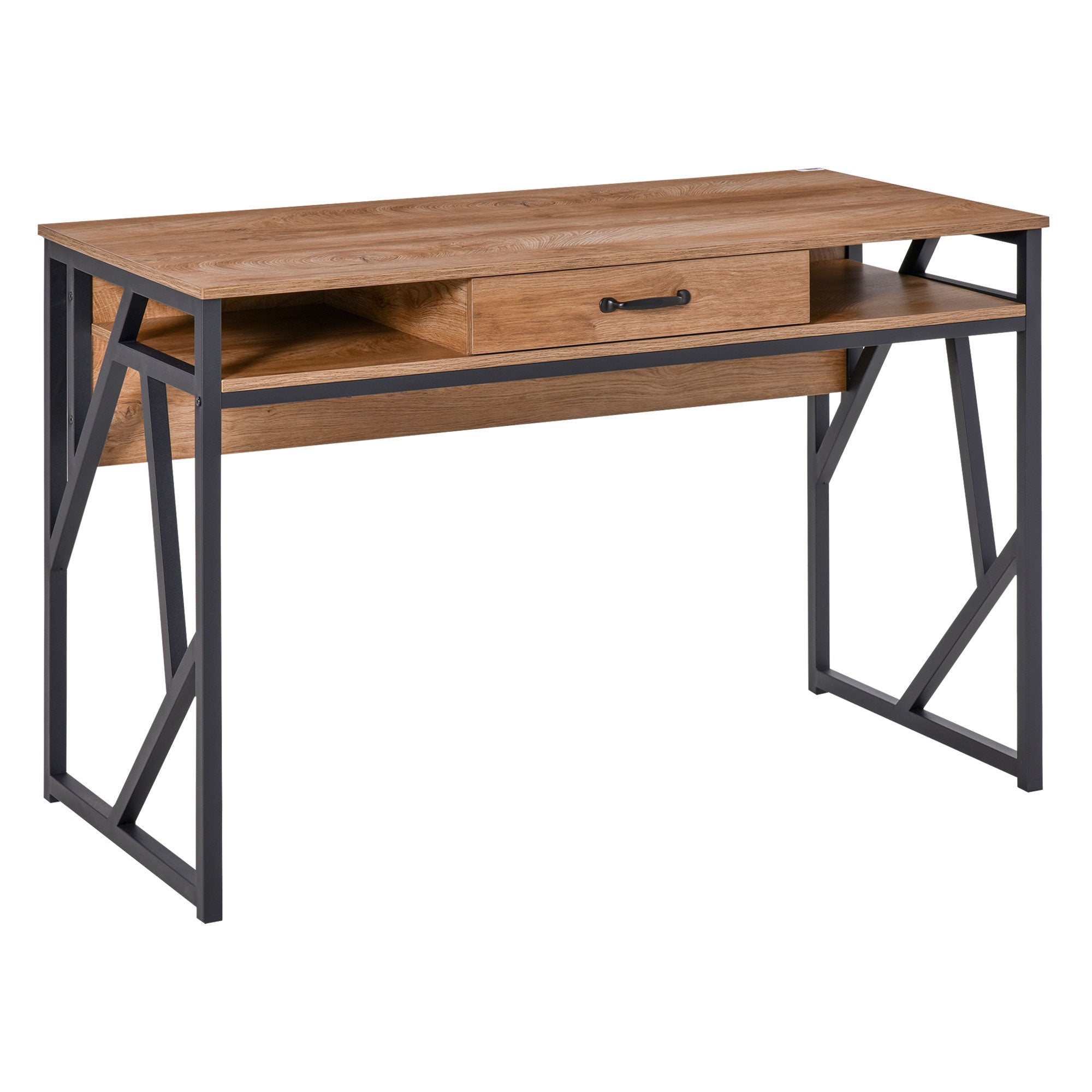 Modern Industrial Style Metal and MDF Desk, Shelves and Drawer for Home and Office, 120x60x76cm Black and Brown