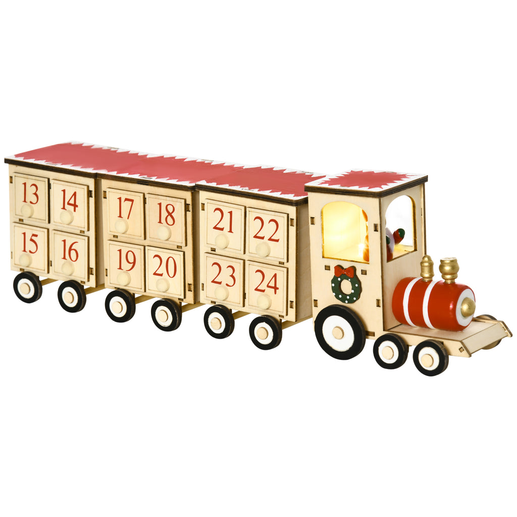 Christmas Advent Calendar Train with Santa Claus and LED Light Included, Plywood, 40x8x11 cm