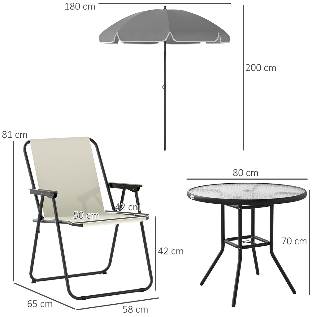 6 Piece Steel Garden Set with 4 Folding Chairs, Umbrella and Round Table, Cream, Grey and Black