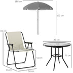 6 Piece Steel Garden Set with 4 Folding Chairs, Umbrella and Round Table, Cream, Grey and Black