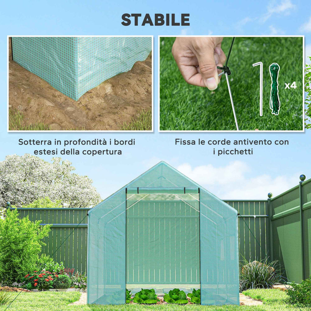 Outsunny 2x3x2 m Tunnel Greenhouse with Roller Doors and Windows and Pointed Roof, in Steel and PE, Green