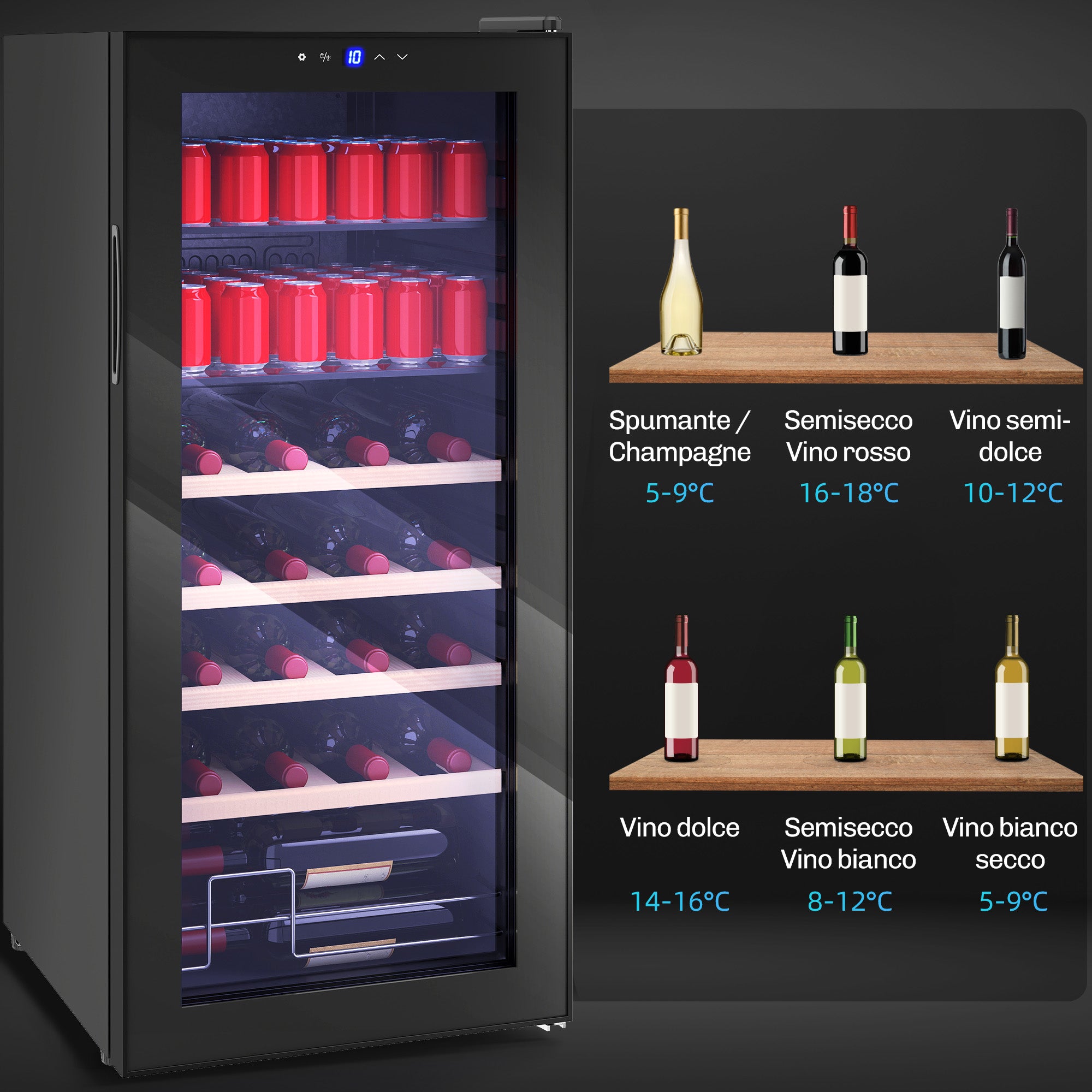 HOMCOM 92L Wine Refrigerator with Adjustable Shelves for 20 Bottles and 50 Cans, 43x45x94 cm, Black
