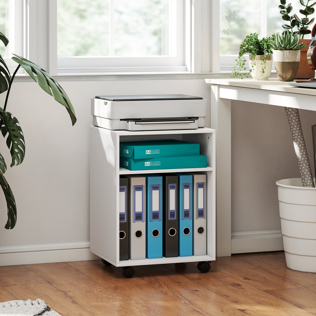 Printer Stand with Wheels and 2 Open Wooden Shelves, 40x35x55.5 cm, White