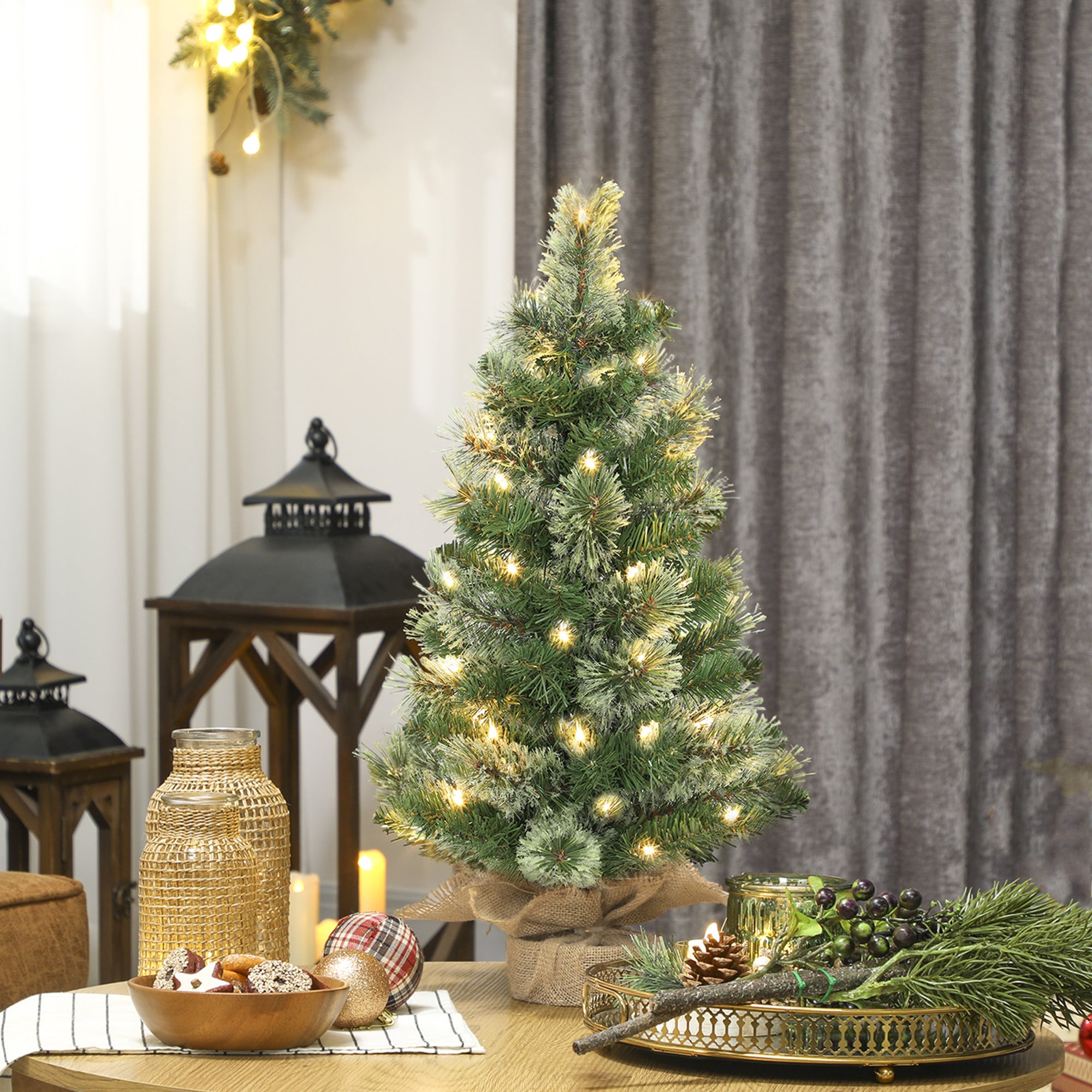 60cm Tall Small Christmas Tree with 35 White LED Lights, 68 Thick and Fireproof Branches