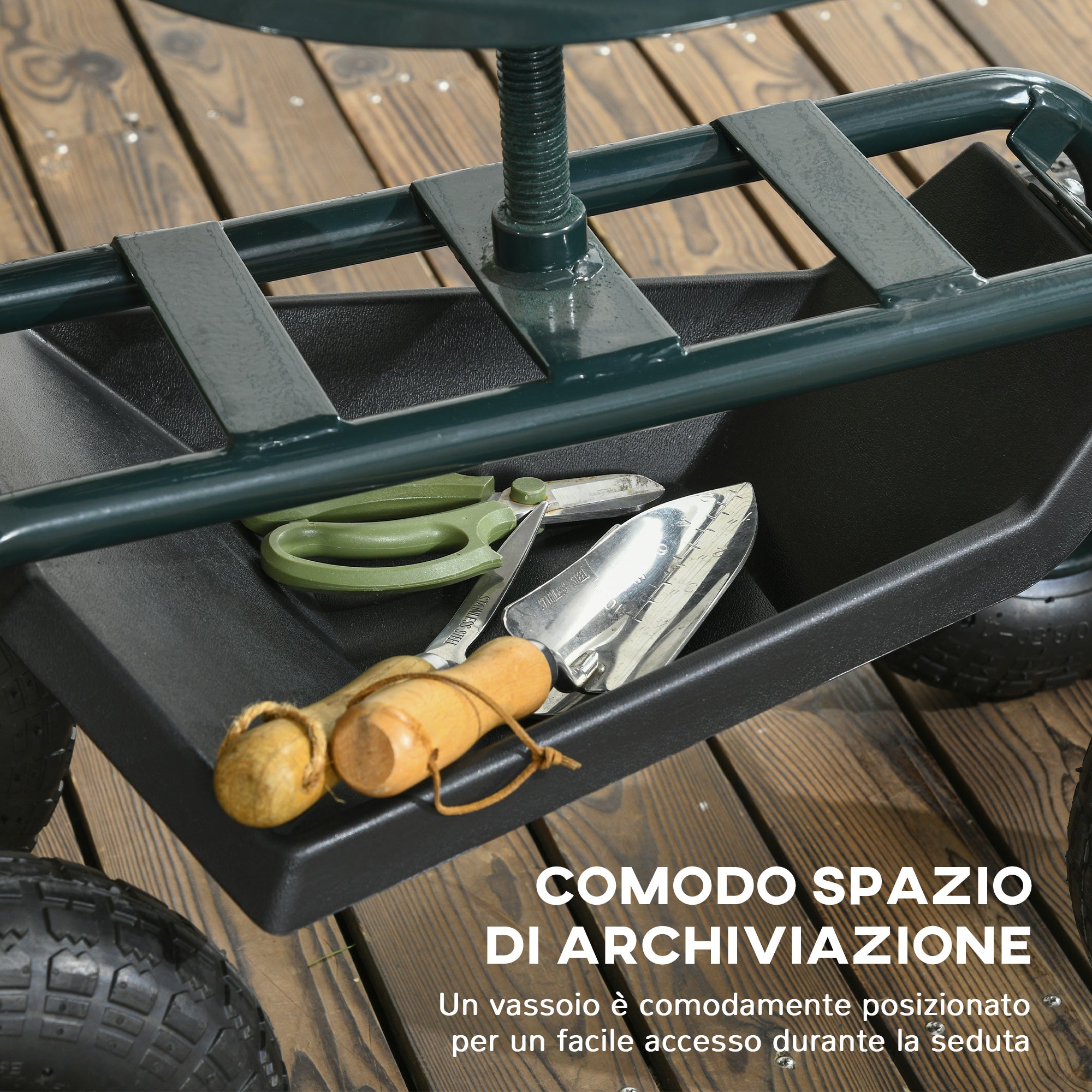 Outsunny Garden Cart with Adjustable Seat and Bottom Tray, Steel and PP, 83x36.5x45-60 cm, Dark Green