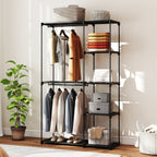 Portable Wardrobe with 2 Rods and 6 Shelves, in Non-Woven Fabric, Plastic and Steel, 111x43x185 cm, Black