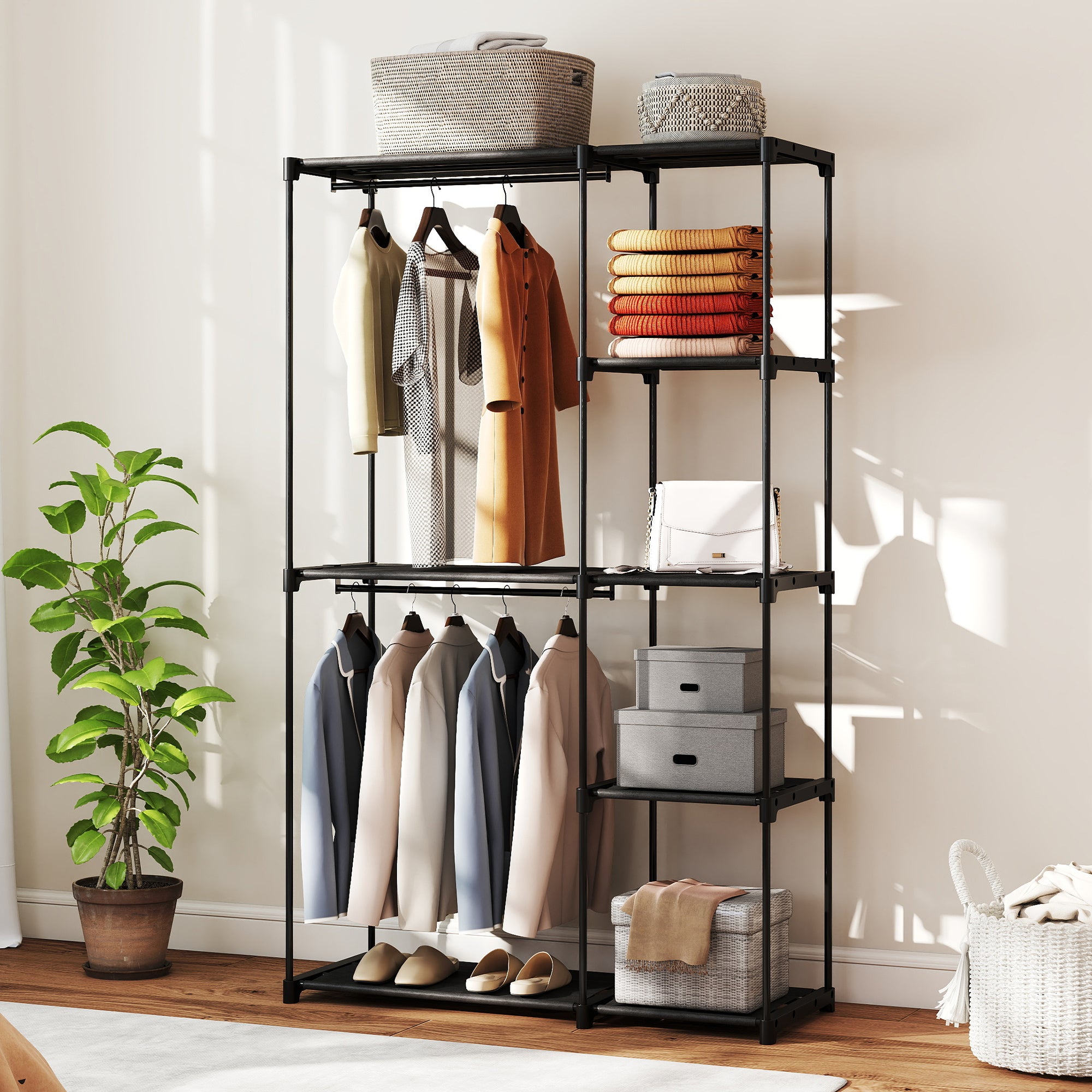 Portable Wardrobe with 2 Rods and 6 Shelves, in Non-Woven Fabric, Plastic and Steel, 111x43x185 cm, Black