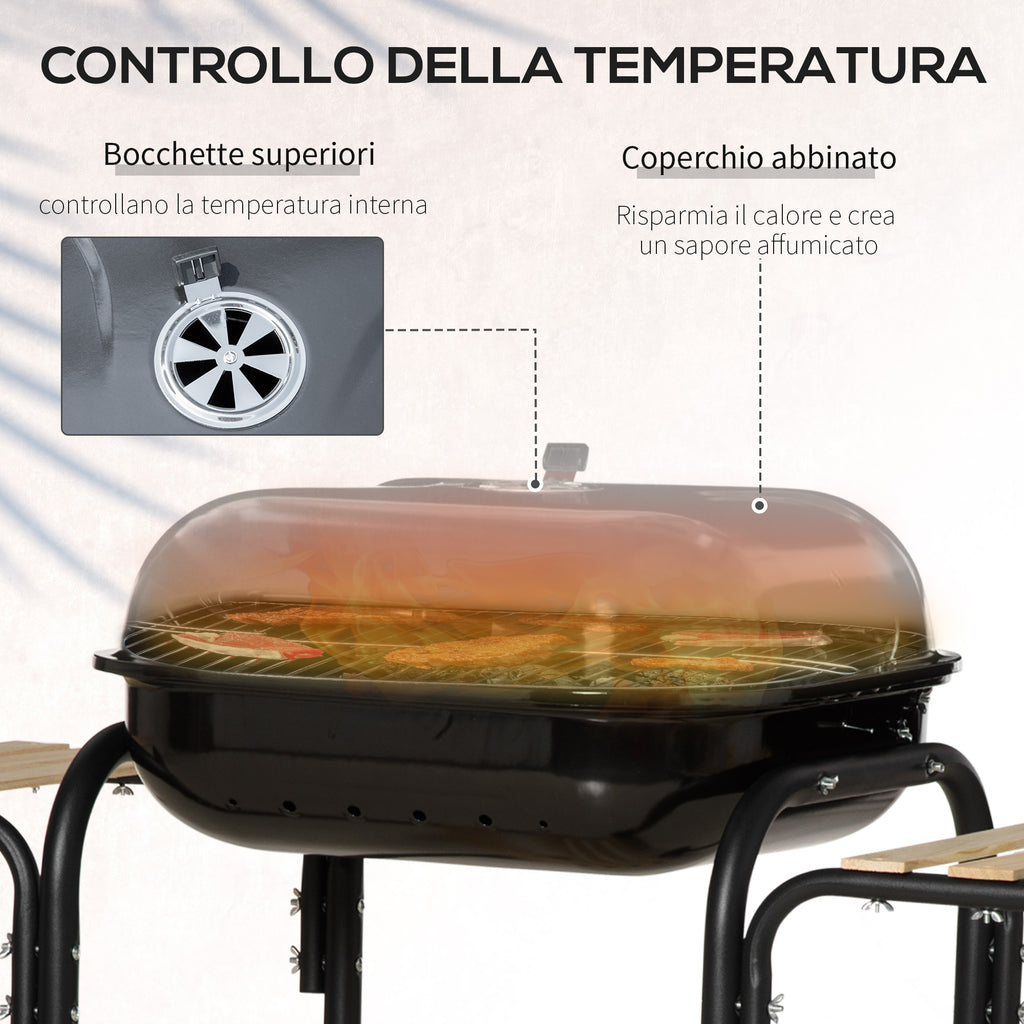 Charcoal Barbecue with Lid, Shelves and Wheels, Complete with Spatula, Tongs and Knife, Black