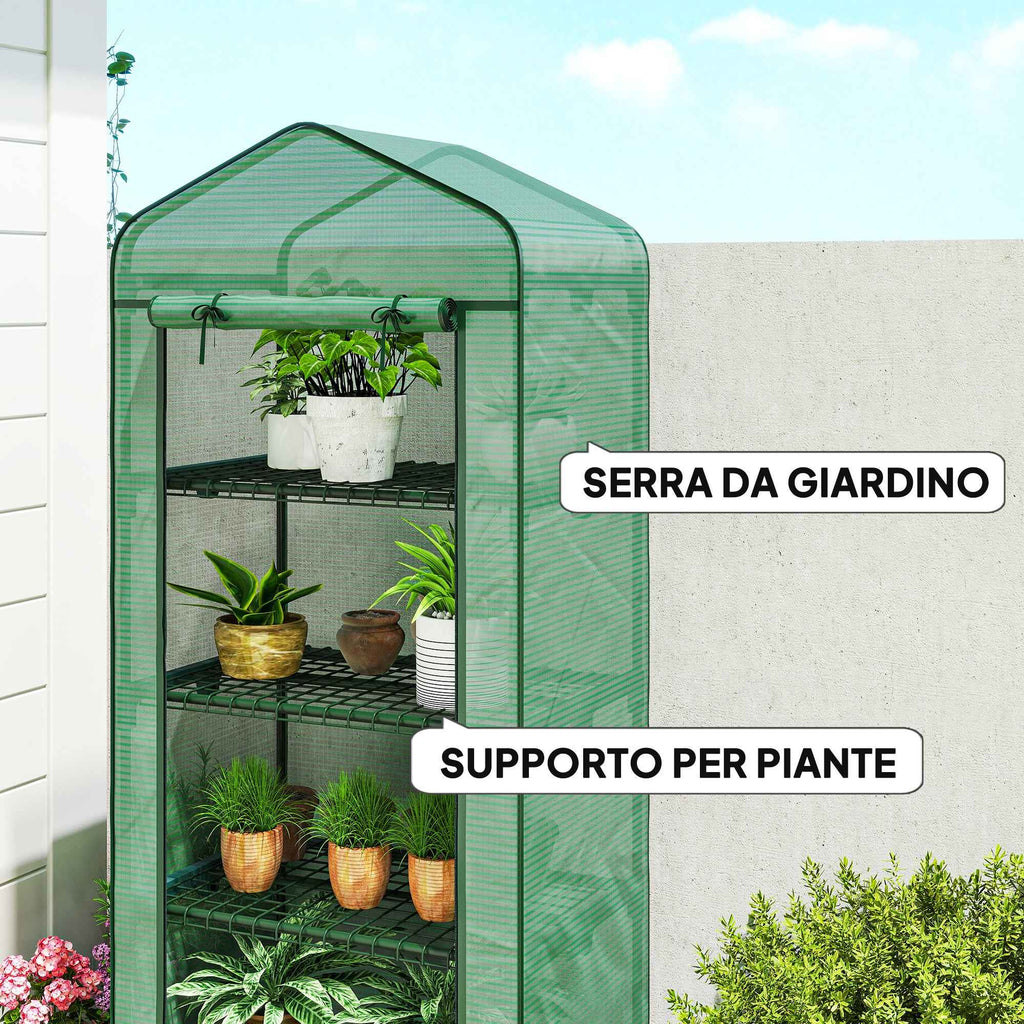 Outsunny 4-Tier Balcony Greenhouse with 4 Wheels and Roll-Up Entrance, Steel and PE, 69x50x165 cm, Green