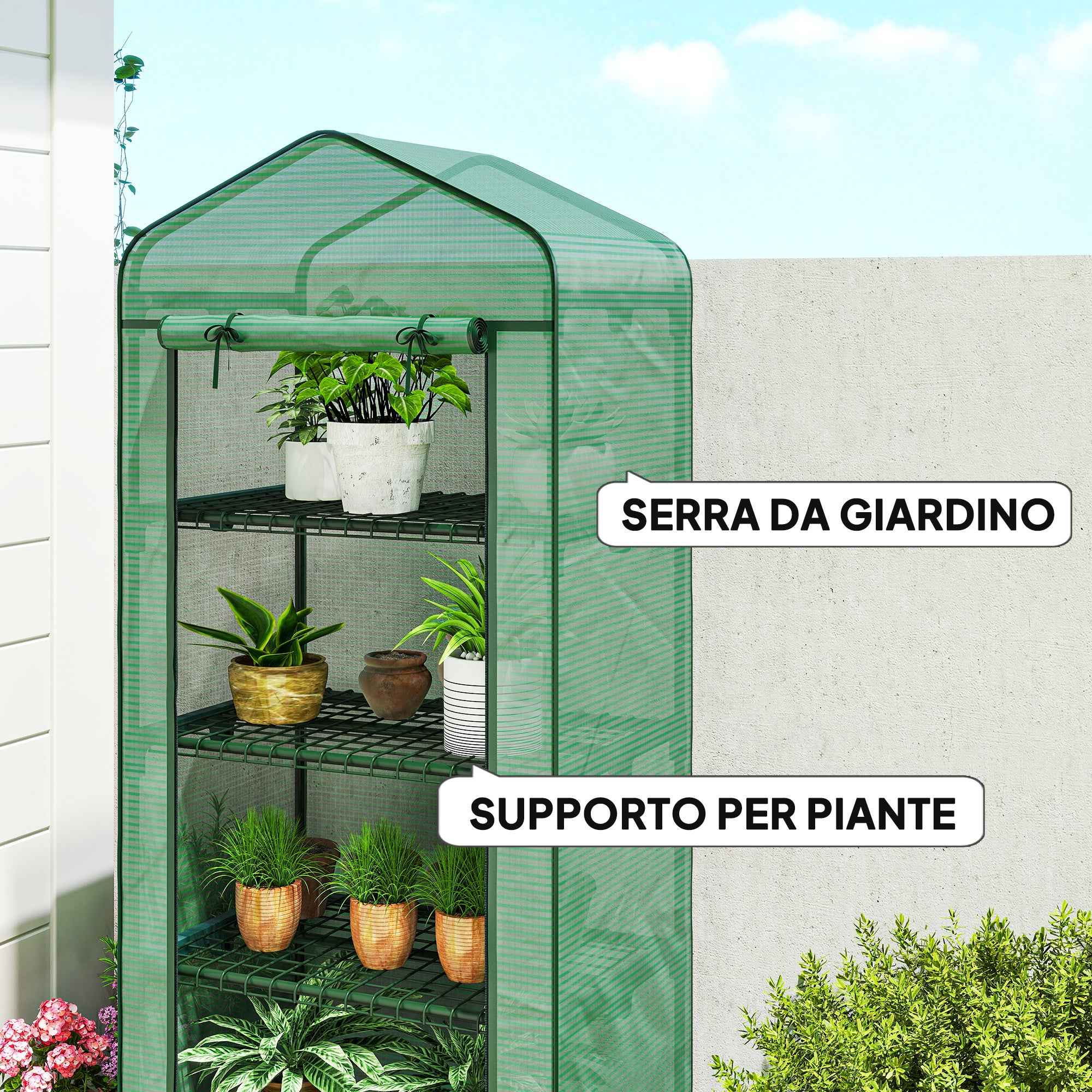Outsunny 4-Tier Balcony Greenhouse with 4 Wheels and Roll-Up Entrance, Steel and PE, 69x50x165 cm, Green