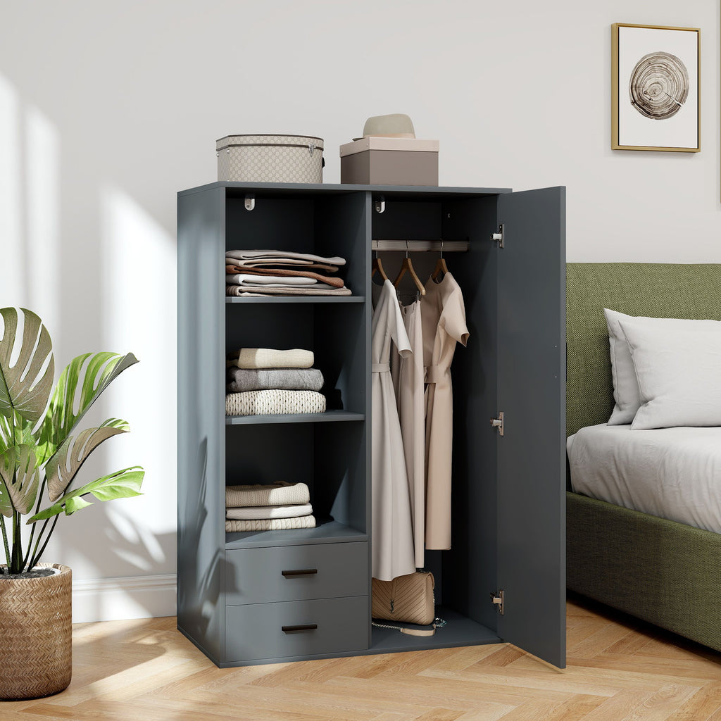 Modern Wardrobe with 2 Drawers, Open Shelves and Hanging Space, 80x50x124 cm, Dark Grey