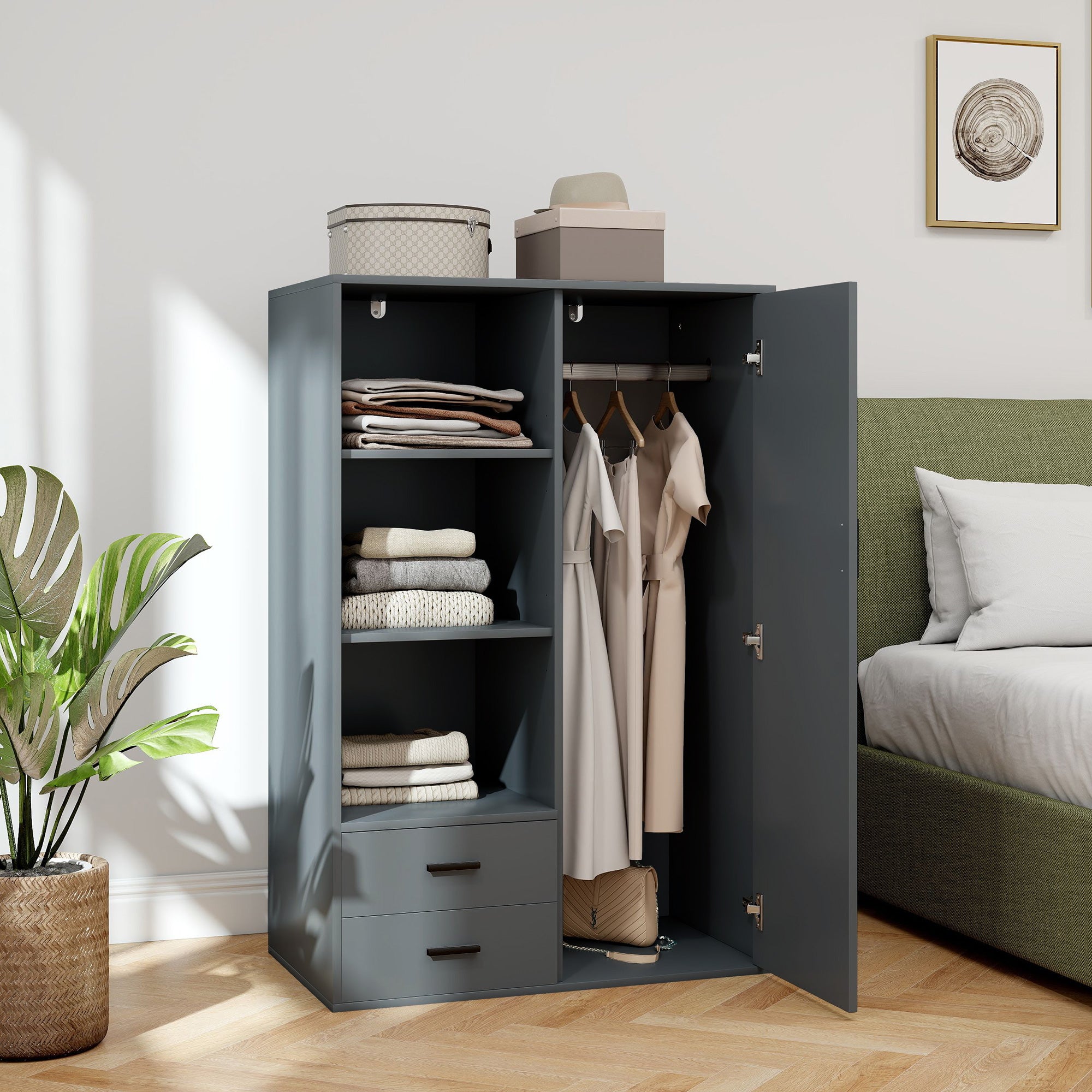 Modern Wardrobe with 2 Drawers, Open Shelves and Hanging Space, 80x50x124 cm, Dark Grey