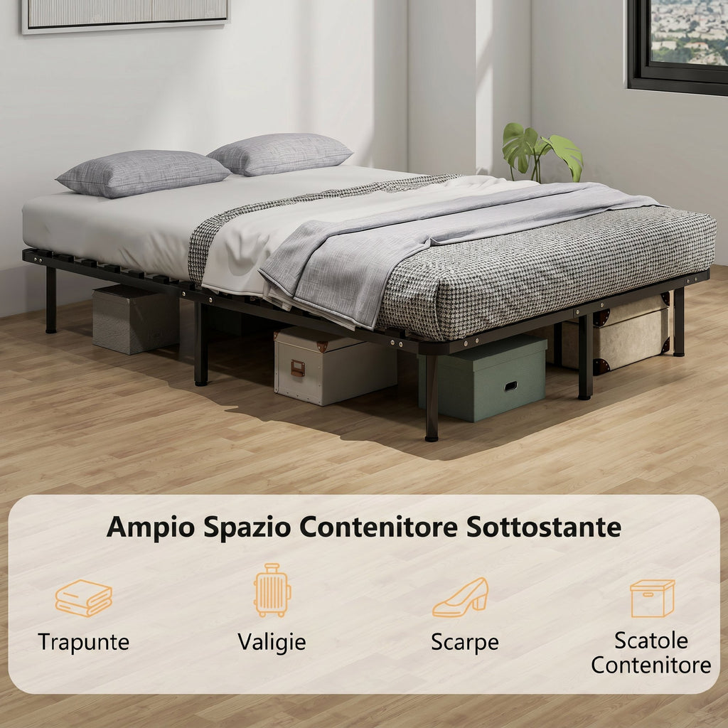 HOMCOM Industrial Double Bed with 28 Slats and Storage Space, in Wood and Steel, 190x140x31 cm, Black and Wood