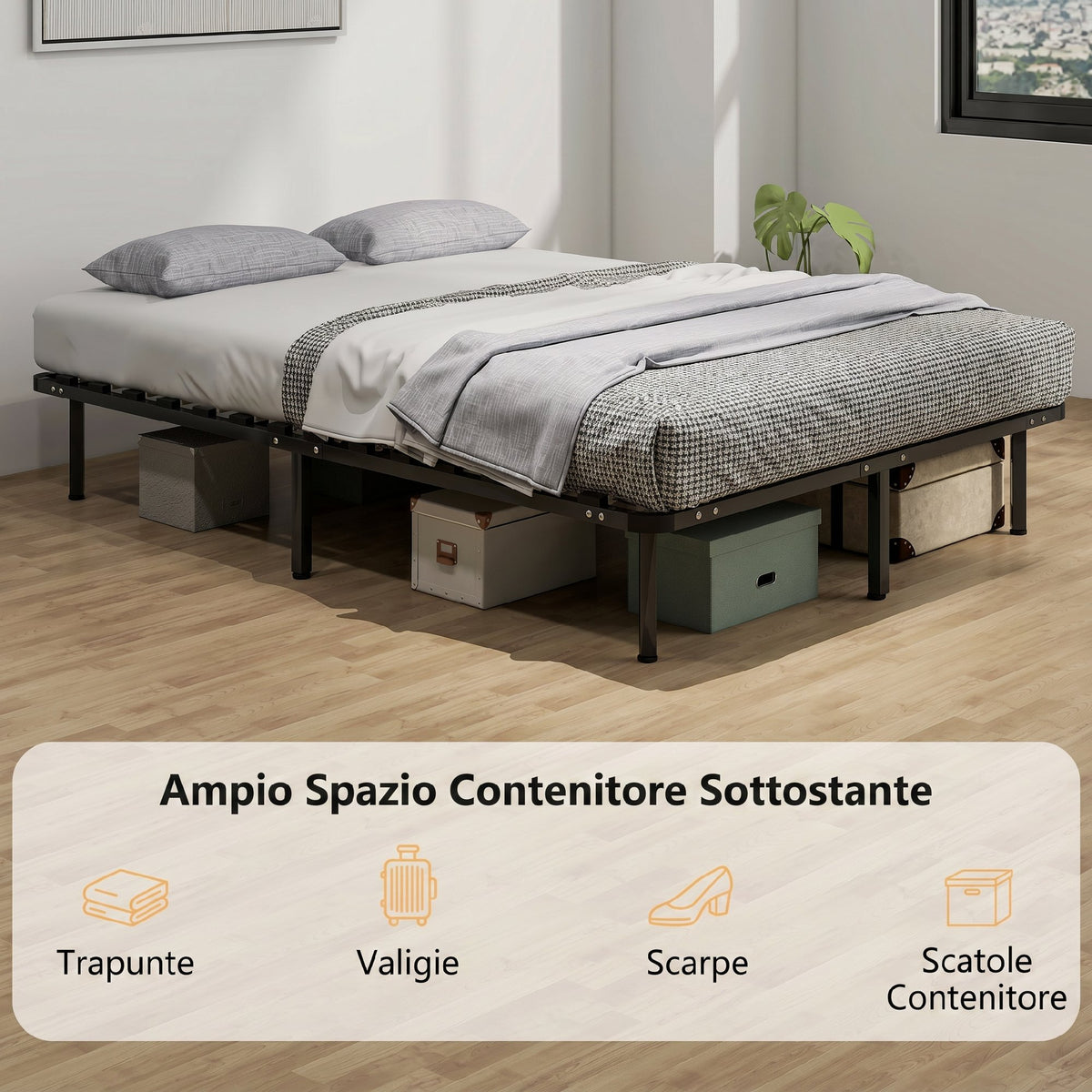 HOMCOM Industrial Double Bed with 28 Slats and Storage Space, in Wood and Steel, 190x140x31 cm, Black and Wood