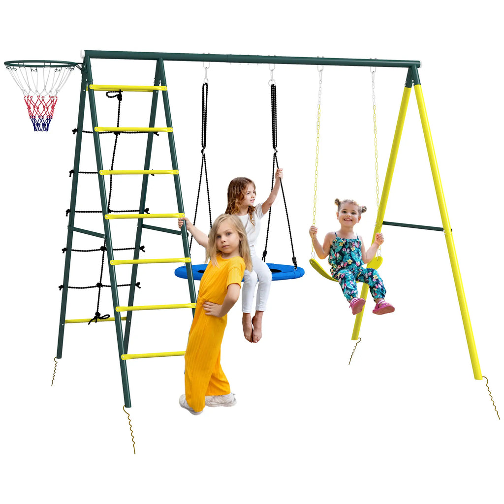 Classic Round Garden Swing Set with Steel Ladders, Rope, and Basketball Hoop for Kids Ages 3-8