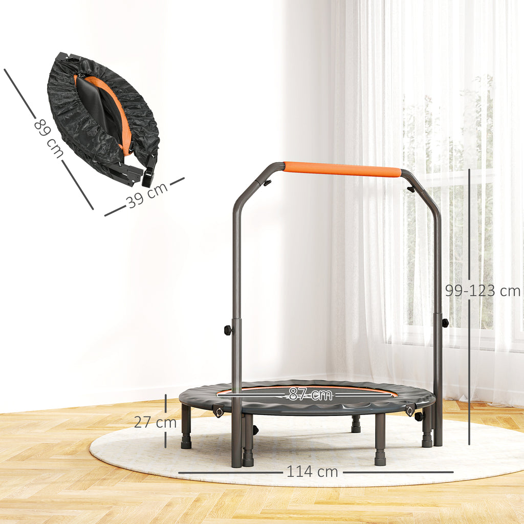 HOMCOM Mini Fitness Trampoline Ø114 cm Foldable with Height-Adjustable Handlebar, Orange and Black