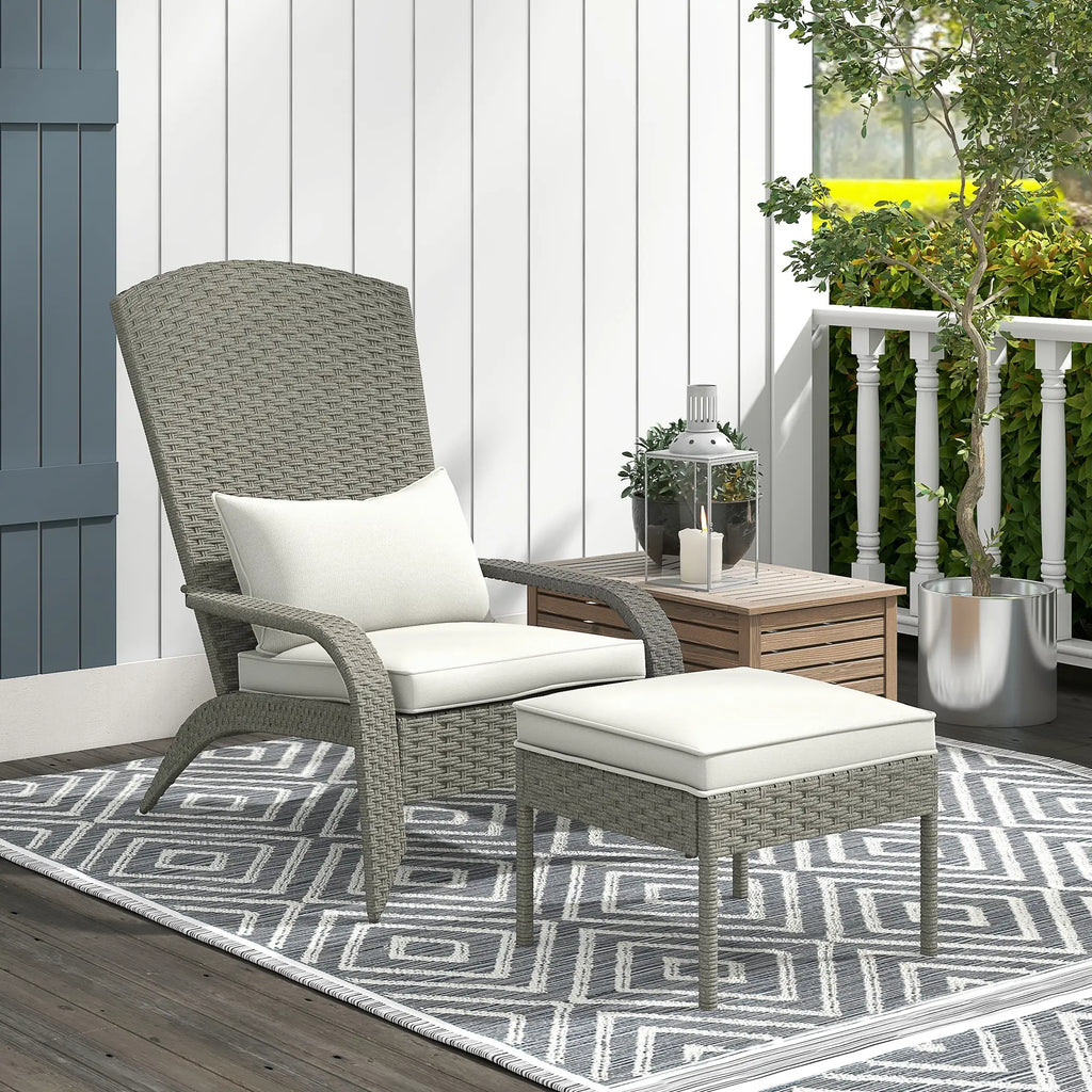 Garden Chair with Footrest and Padded Cushions, in Rattan and Steel, 64x82x89 cm, Grey and Cream
